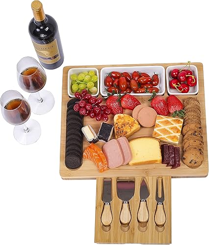 Miniatura 7 de Juego de cuchillos de bambú para queso, bandeja y bandeja para alimentos cocinados, 3 cuencos de cerámica, 4 cuchillos de acero inoxidable, con