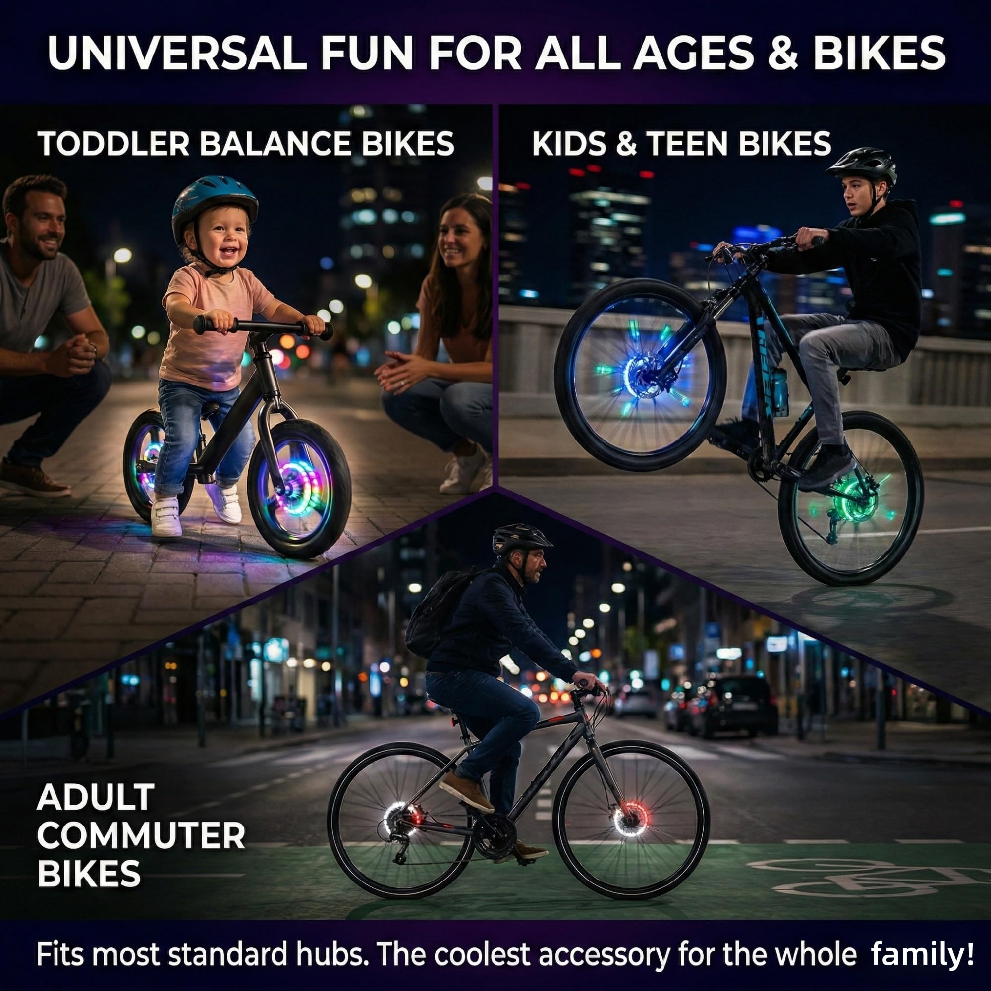 HANZE Lumières rechargeables pour roue de vélo – 9 couleurs, 21 modes d'éclairage, moyeu lumineux à DEL, autonomie de 20 heures, accessoires de sécurité pour pneus de vélo, lumières de rayons cool