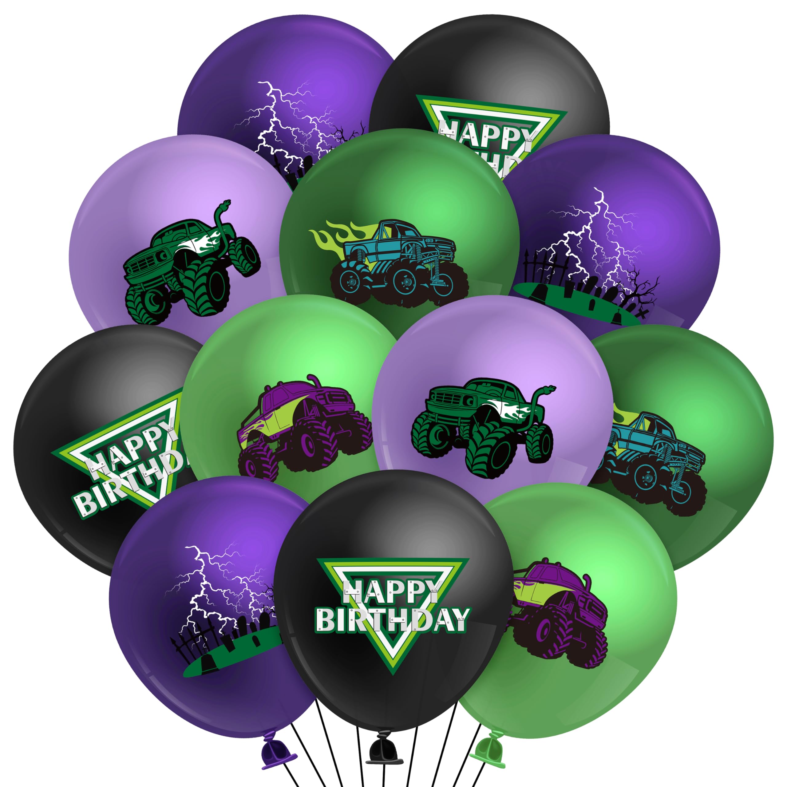 HaooryxMonster Truck Birthday Balloon - 50Pcs Green Purple Monster Truck Lightning Print Latex Balloon Kit for Kid Boy Baby Shower Happy Birthday Themed Party Decoration Photo Prop Backdrop Supply