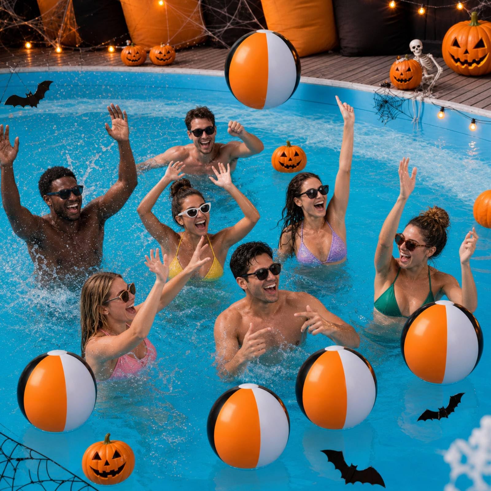 Vertintong 12 Pcs Halloween Pumpkin Beach Balls Inflatable Decoration 14 inches Plastic Jack O Lantern Party Decoration Inflatable for Halloween Yard, Garden, and Lawn(Beach Ball,Orange White Black)