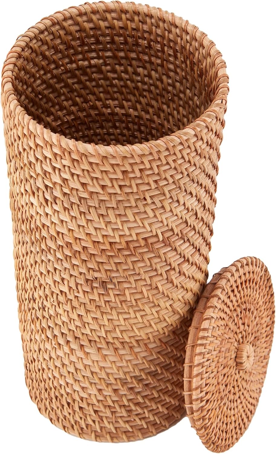 Rattan Toilet Paper Holder with Lid, Freestanding Wicker Bathroom Storage Bin, Natural Honey Brown, Holds 4 Rolls, 7x7x12 Inches