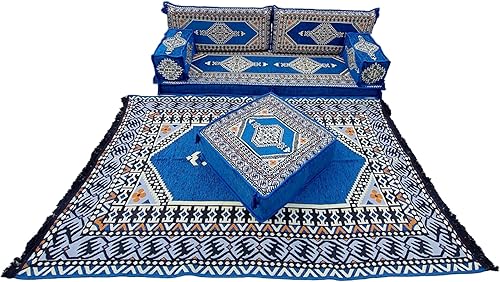 Miniatura 14 de arabicsofa Juego de sofá árabe en forma de U – Asientos modulares de piso azul real para habitación de invitados