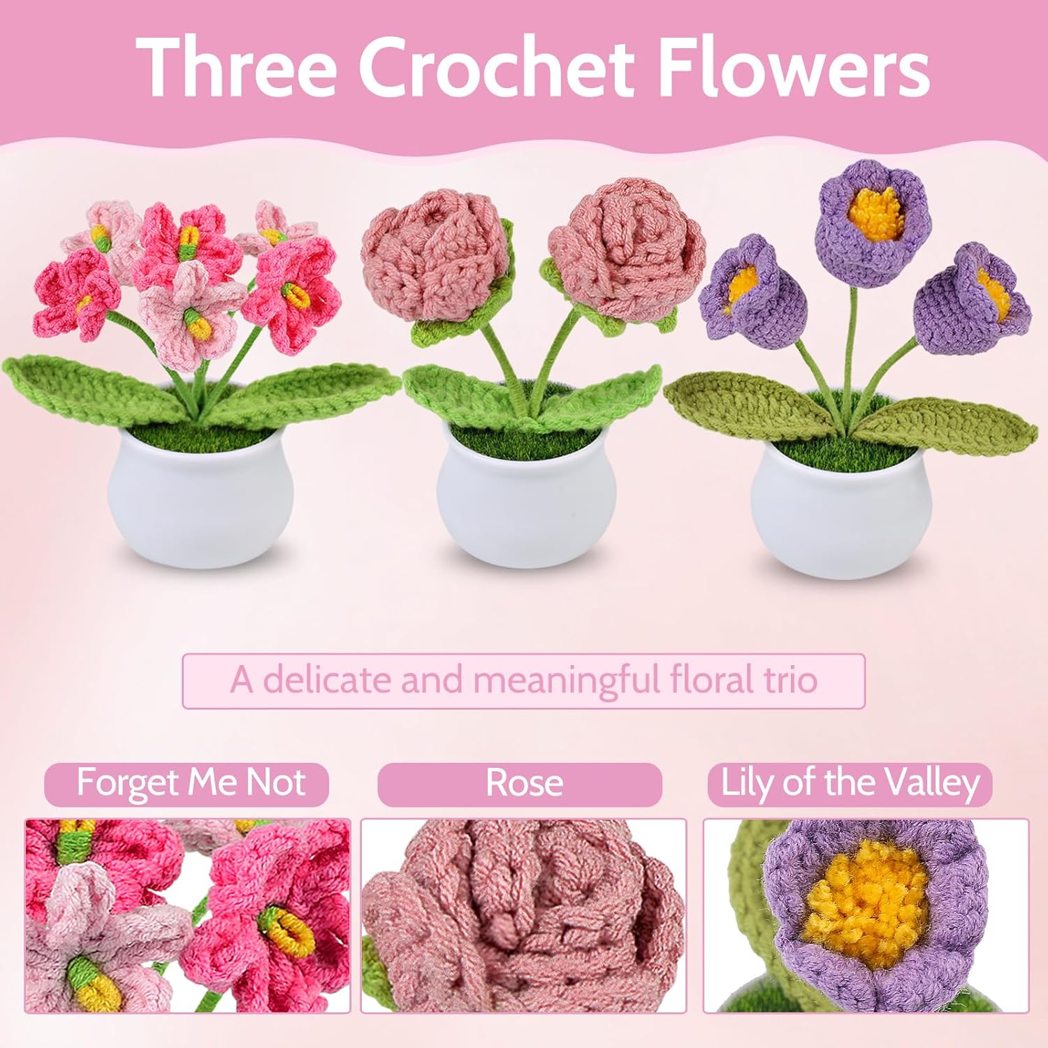 3pcs Crochet Flowers Pot, Cute Handmade Crochet Flower Desk Decor with Pink Rose, Lily of The Valley, Forget Me Not, Gift for Women, Mom, Teacher, Friend, Birthday, for Her - Image 2