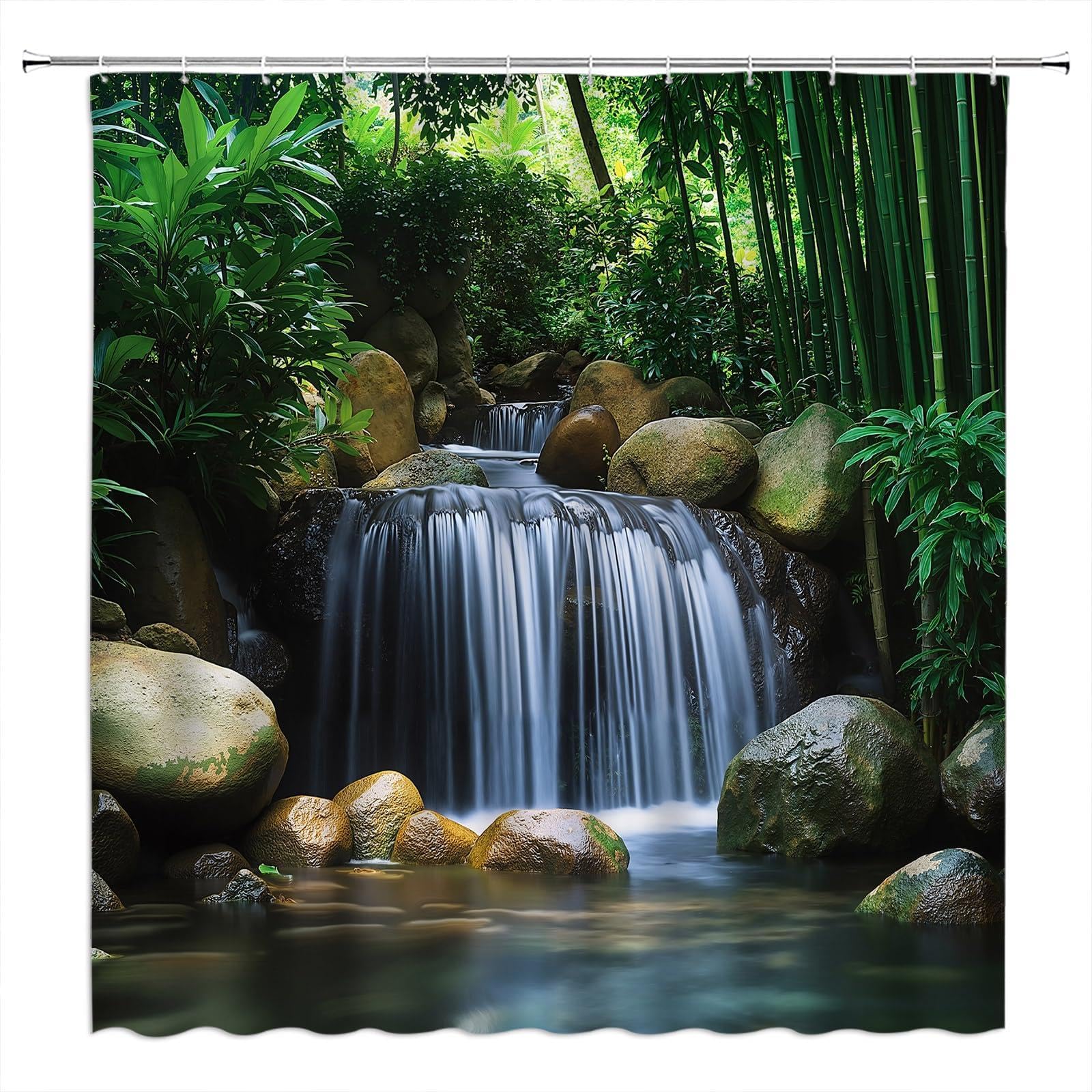 UIYIUI Green Bamboo Forest Waterfall Shower Curtain 71X71in/180x180cm Tropical Rainforest Botanical Jungle Natural Scenery Landscape Machine Washable Fabric Bathroom Decor Curtain with Hooks
