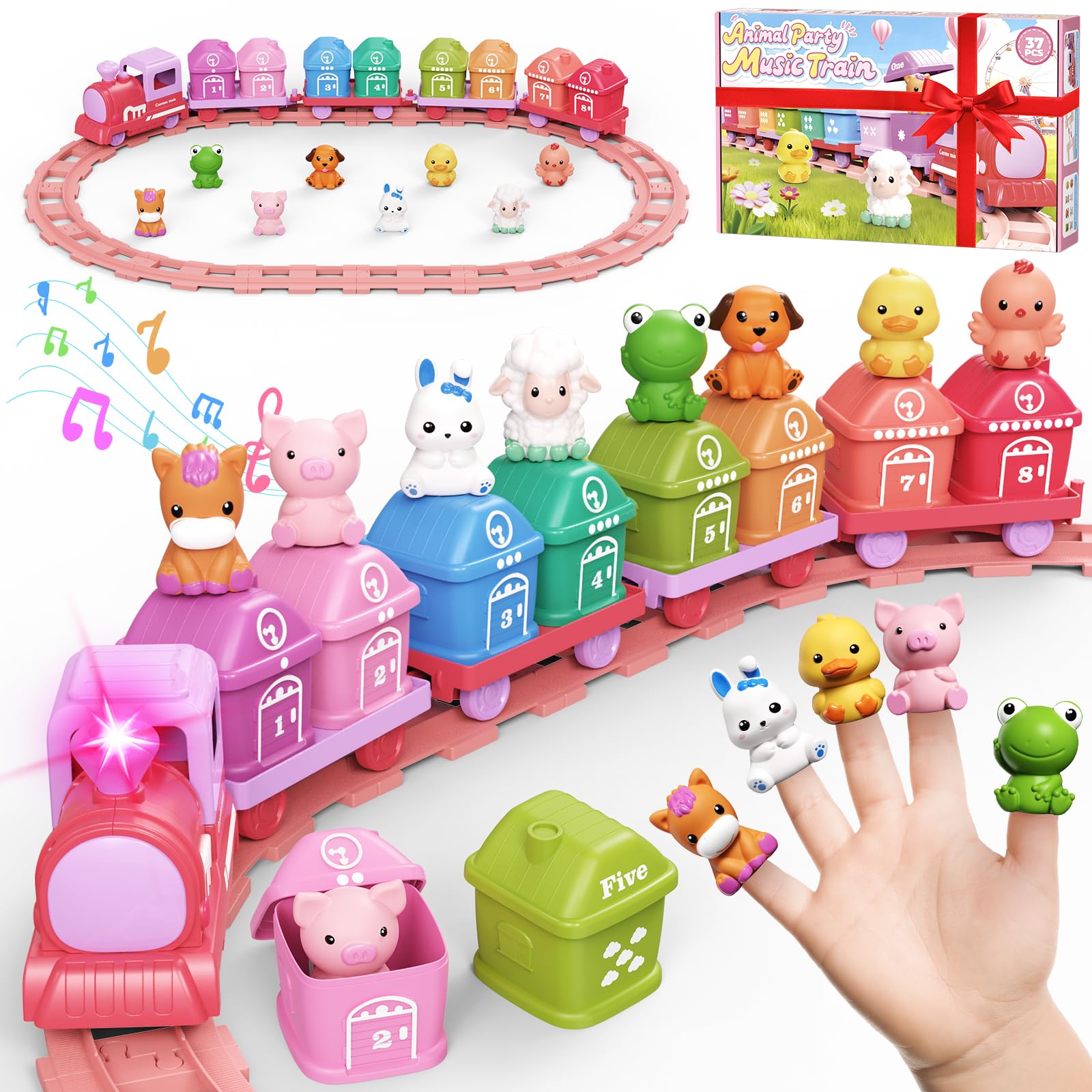 Electric Train Track Set for Toddlers 1-3 with Farm Animals, Music & Lights