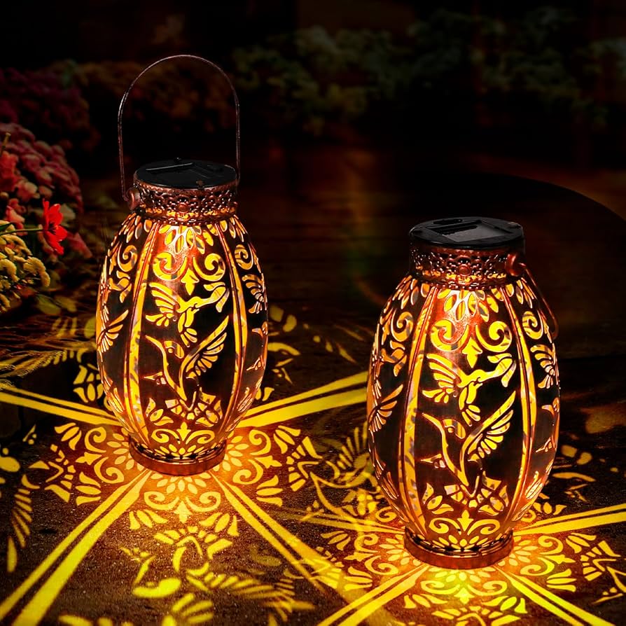 2 Pack Solar Lanterns Outdoor Waterproof Hummingbird Garden Decor Birthday Gifts For Women Mom Grandma Hanging Solar Lights Metal Solar Decoration Outside For Yard, Patio, Backyard, Porch