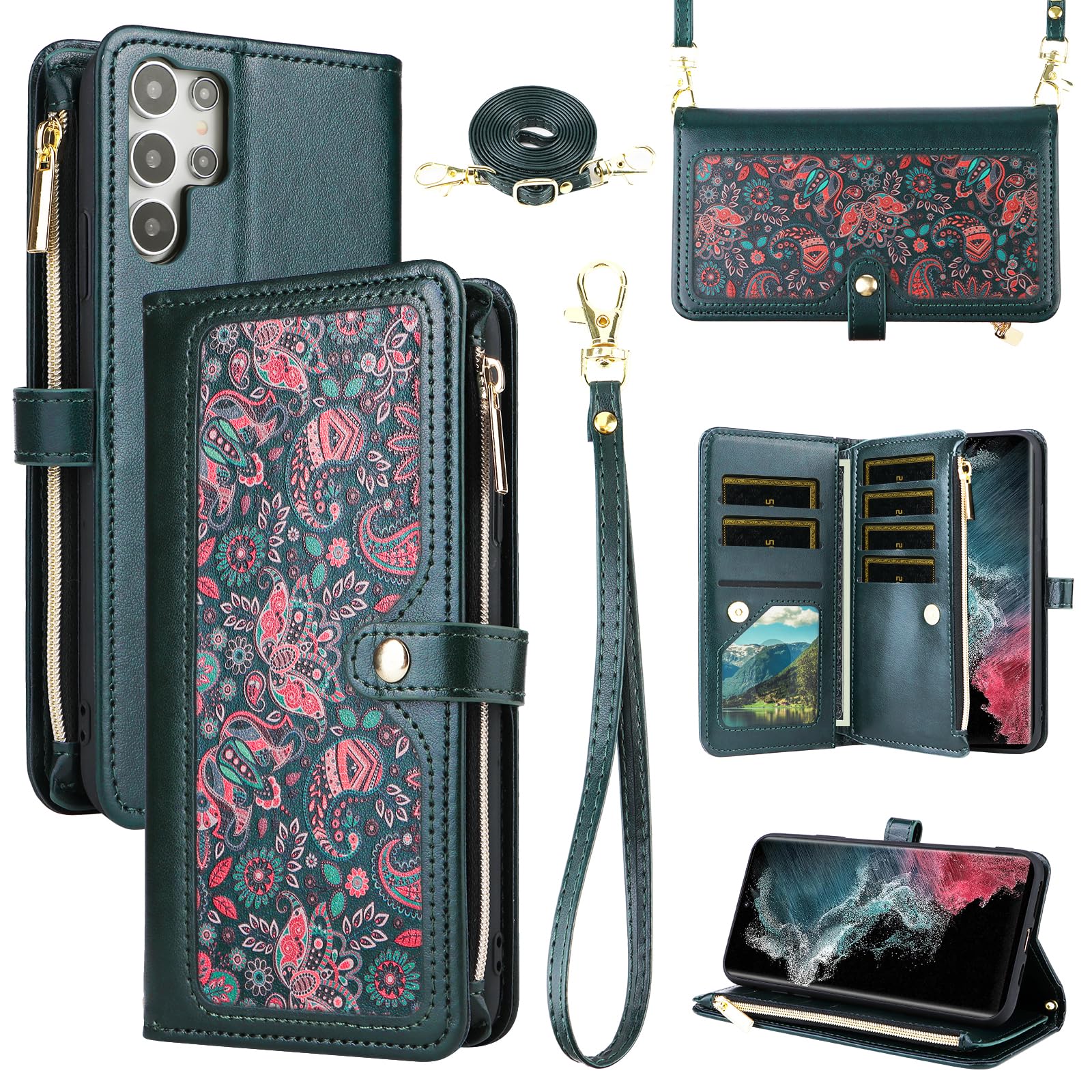Dswteny for Samsung Galaxy S24 Ultra 5G Floral Wallet Case with Wrist Strap Shoulder Strap Zipper Purse, Folio Flip Credit Card Holder Stand Phone