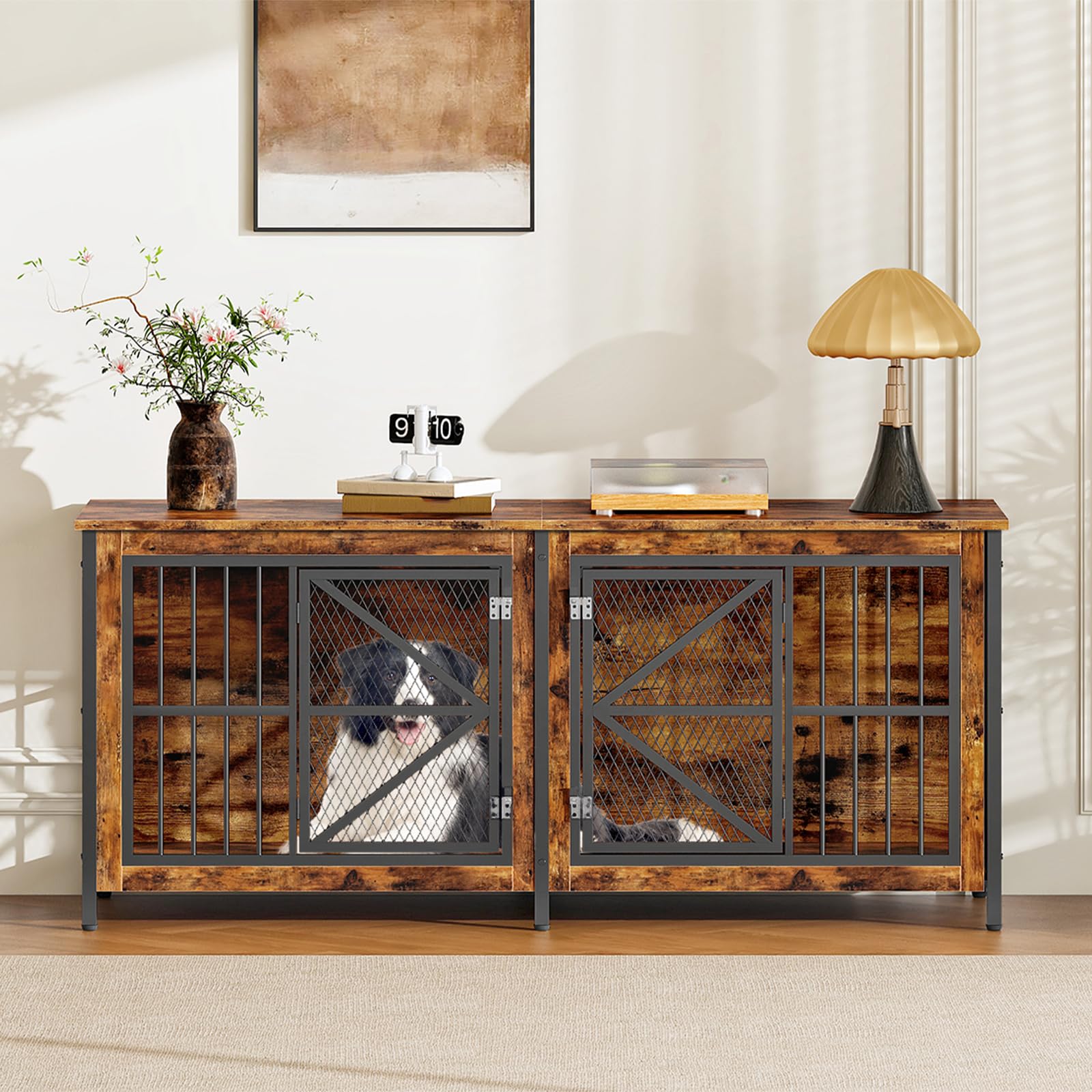 CHOEZON 71 Inch Double Dog Crate Furniture for 2 Dogs, Wooden Dog Crate End Table for Medium/Large Dogs, Dog Kennel Furniture with Divider & Double Metal Doors, Rustic Brown and Black TGW02BF - image 2