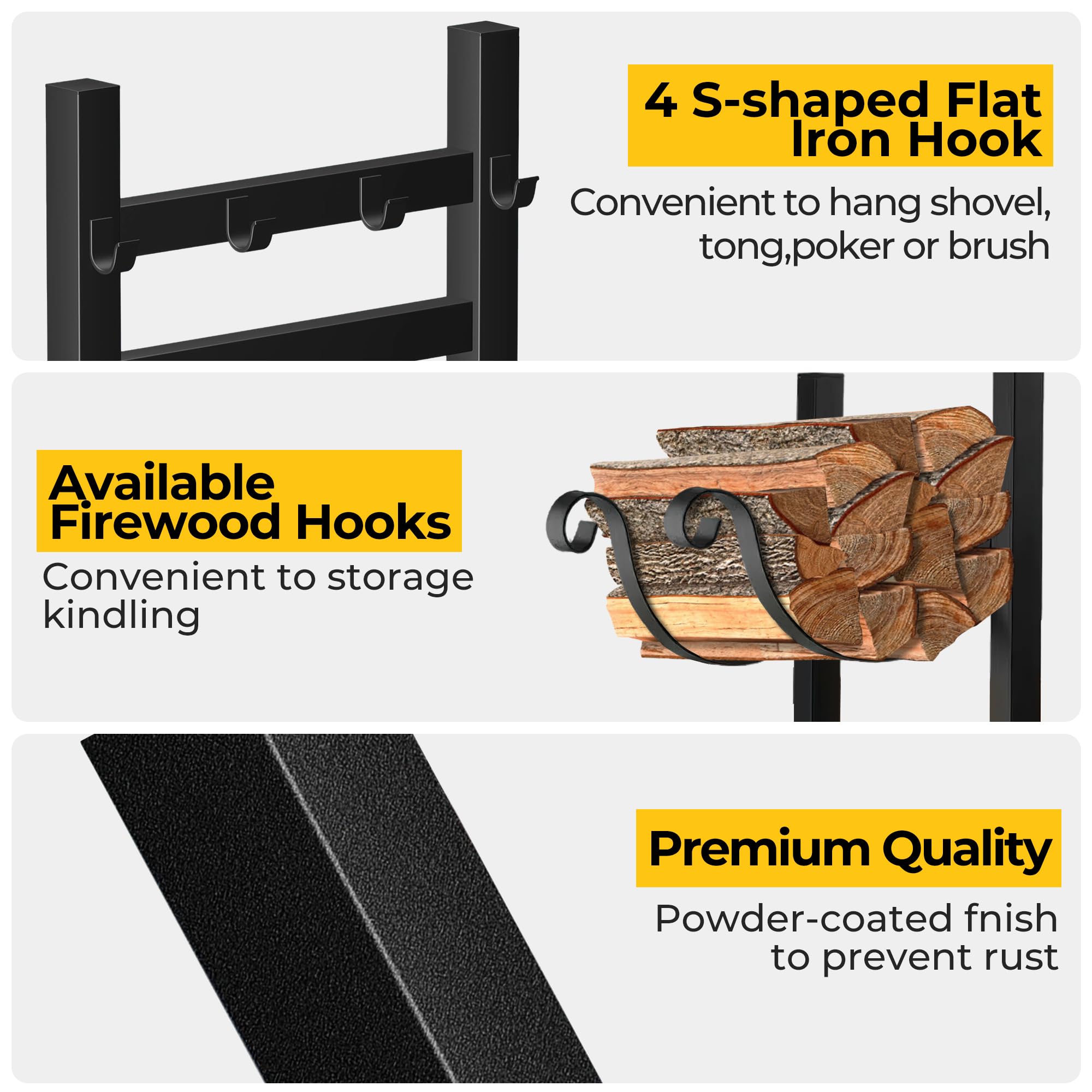 Amagabeli 90cmx78cm Großes breites Brennholzregal Kaminwerkzeugregal Indoor Outdoor Anzündholzhalter Heavy Duty Holzlager Log Rack Ständer Werkzeuge Herdzubehör Schwarz Ohne Abdeckung