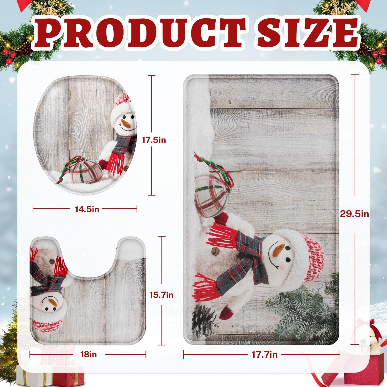 ArtSocket Lot de 3 tapis de salle de bain antidérapants en microfibre à mémoire de forme - Motif bonhomme de neige et boule de Noël - Lavable en machine