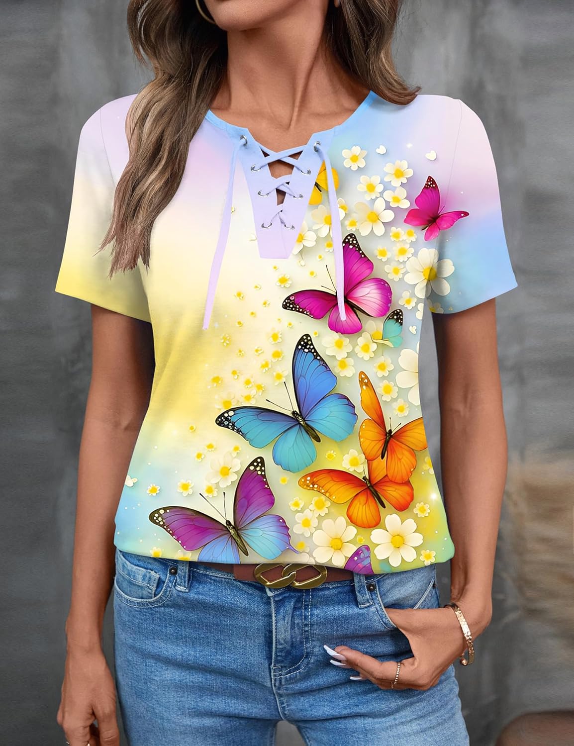 LOMON Womens Criss Cross Short Sleeve T-Shirts V-Neck Floral Summer Blouse Tops