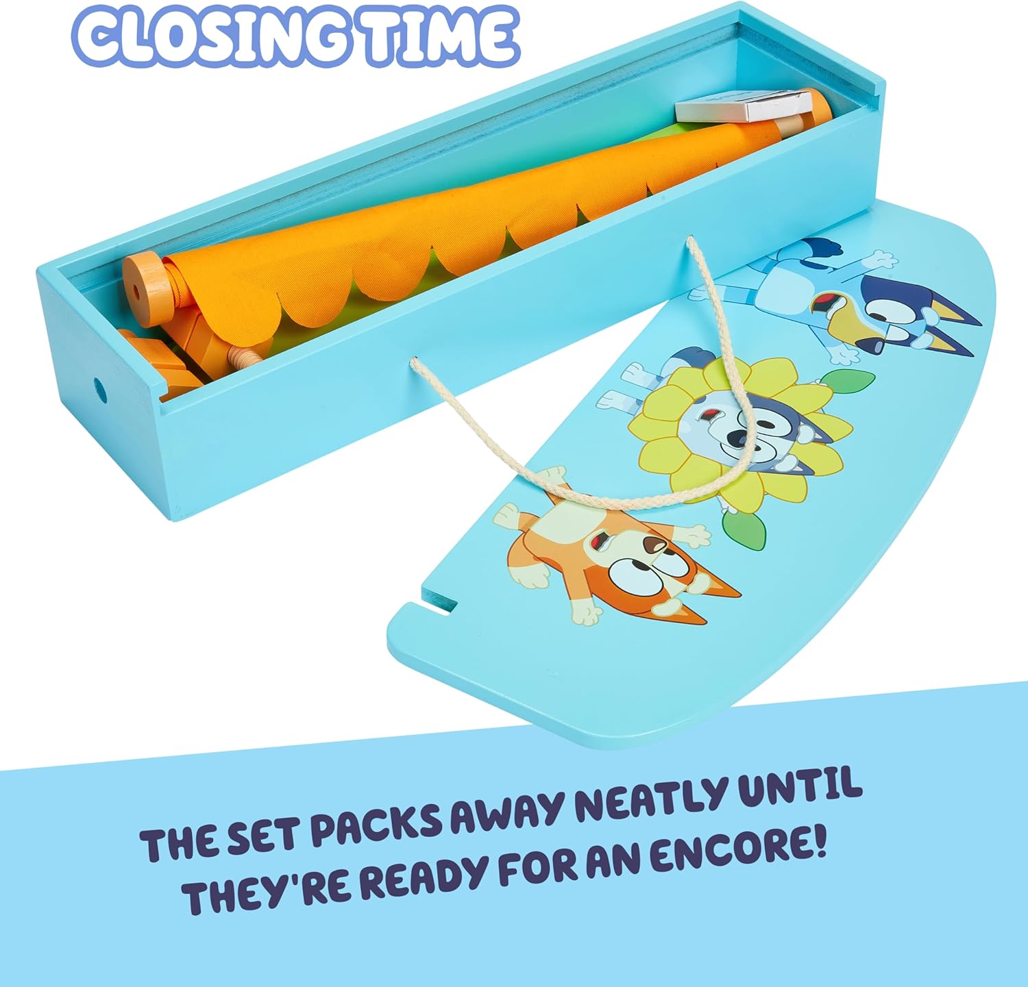 Bluey Wooden Puppet Theater for Kids Playset, 20" Kids Pretend Stage Puppets, Interchangeable Fabric Backdrops & Roll-Down Curtain