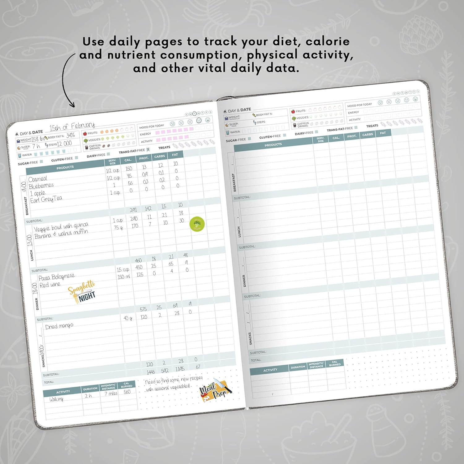 Clever Fox Food Journal Pro – Diet & Wellness Planner for Women & Men – Weight Loss Diary with Calorie Tracker – Food Log for Tracking Meals, Exercise & Weightloss - Undated, 7" x 10" Grey : Sports & Outdoors
