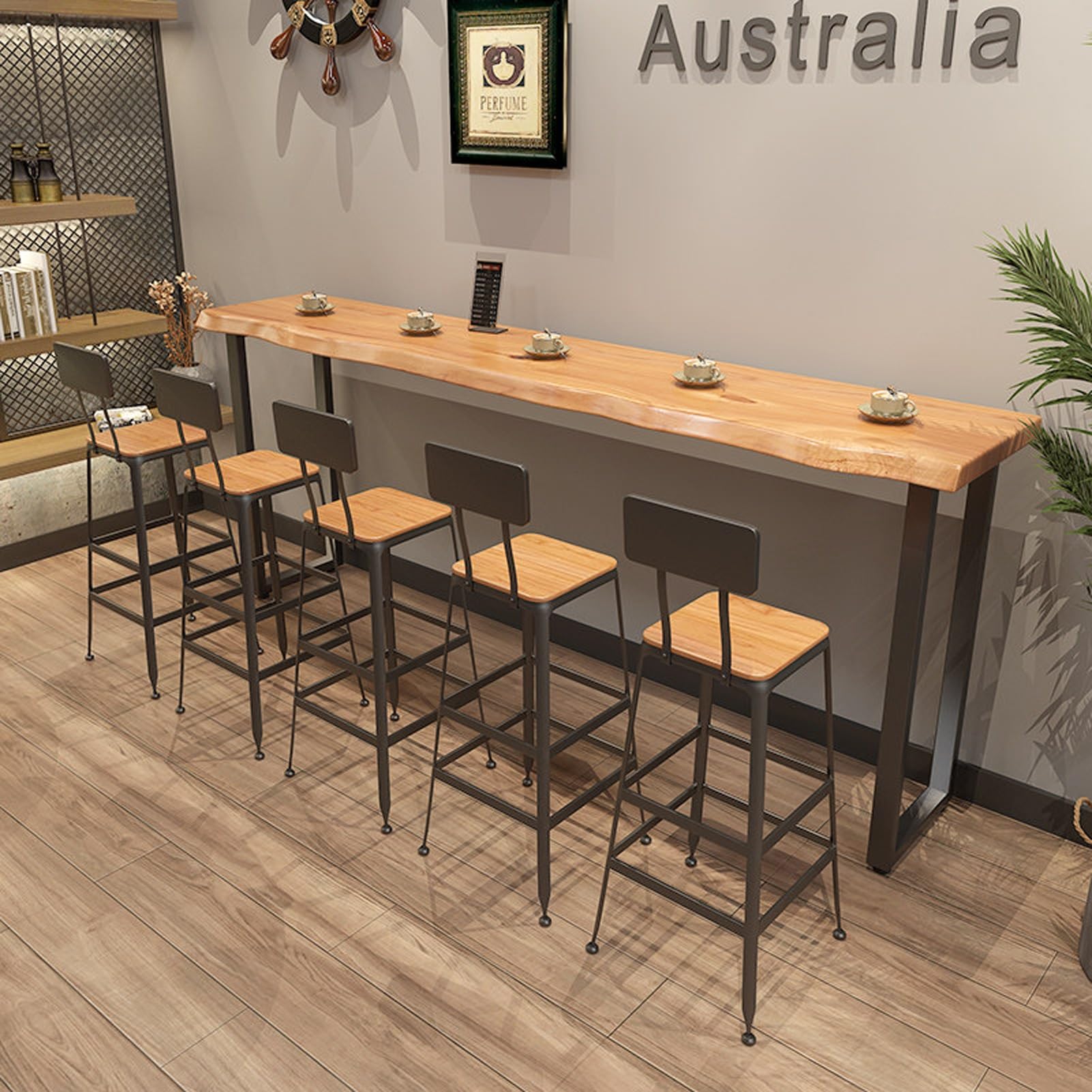 Tavolo da bar in legno massello, altezza bancone, tavolo da bistrot con gambe in metallo, design con bordo vivo, per sala da pranzo e colazione, tavolo rettangolare stretto (160 x 39,9 x 104,9 cm
