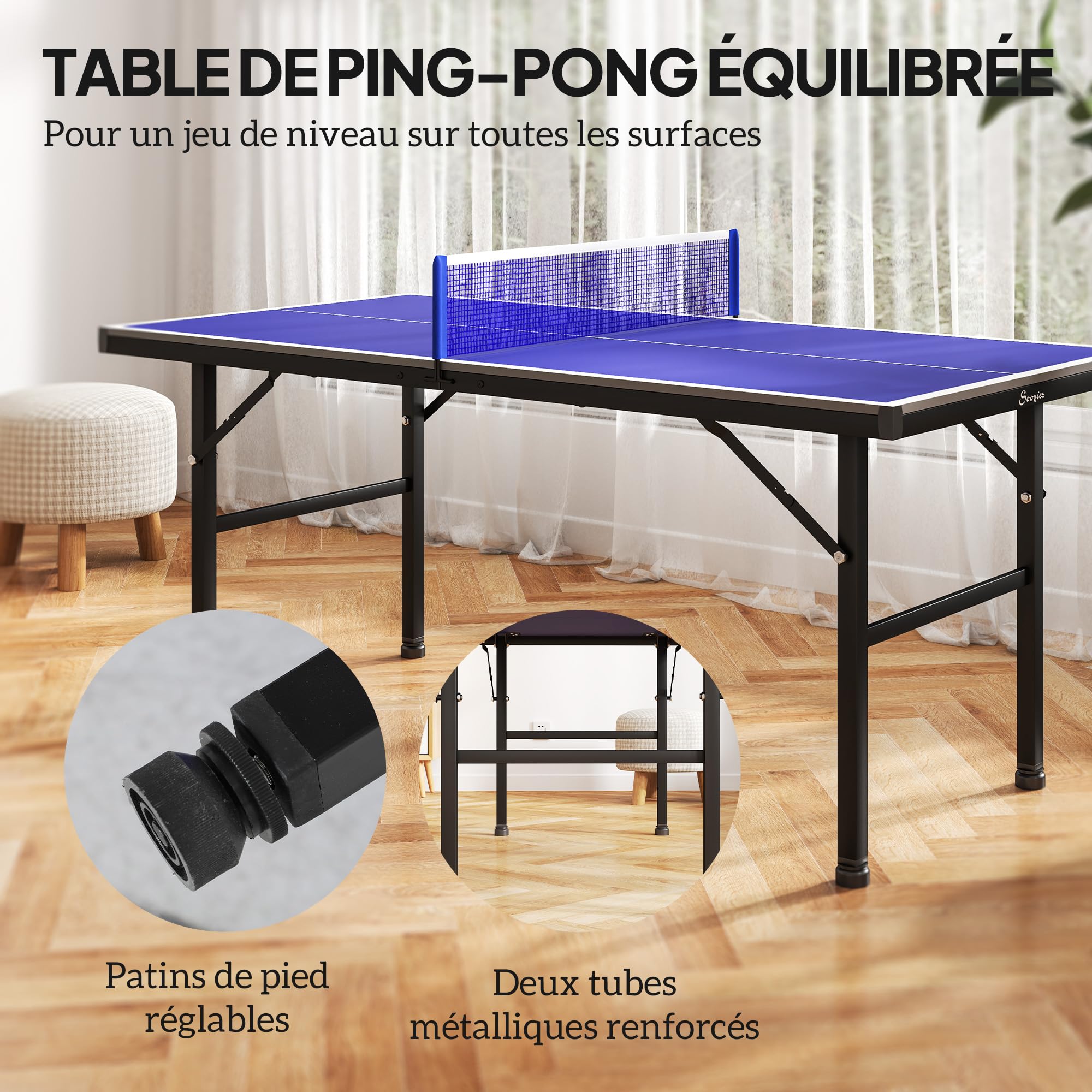 SPORTNOW Mini Table de ping Pong 153x76cm avec Plateau traité UV, Table Pliante pour intérieur et extérieur, Table de Tennis de Table avec Pieds réglables, Filet et 5 Pieds, Bleu