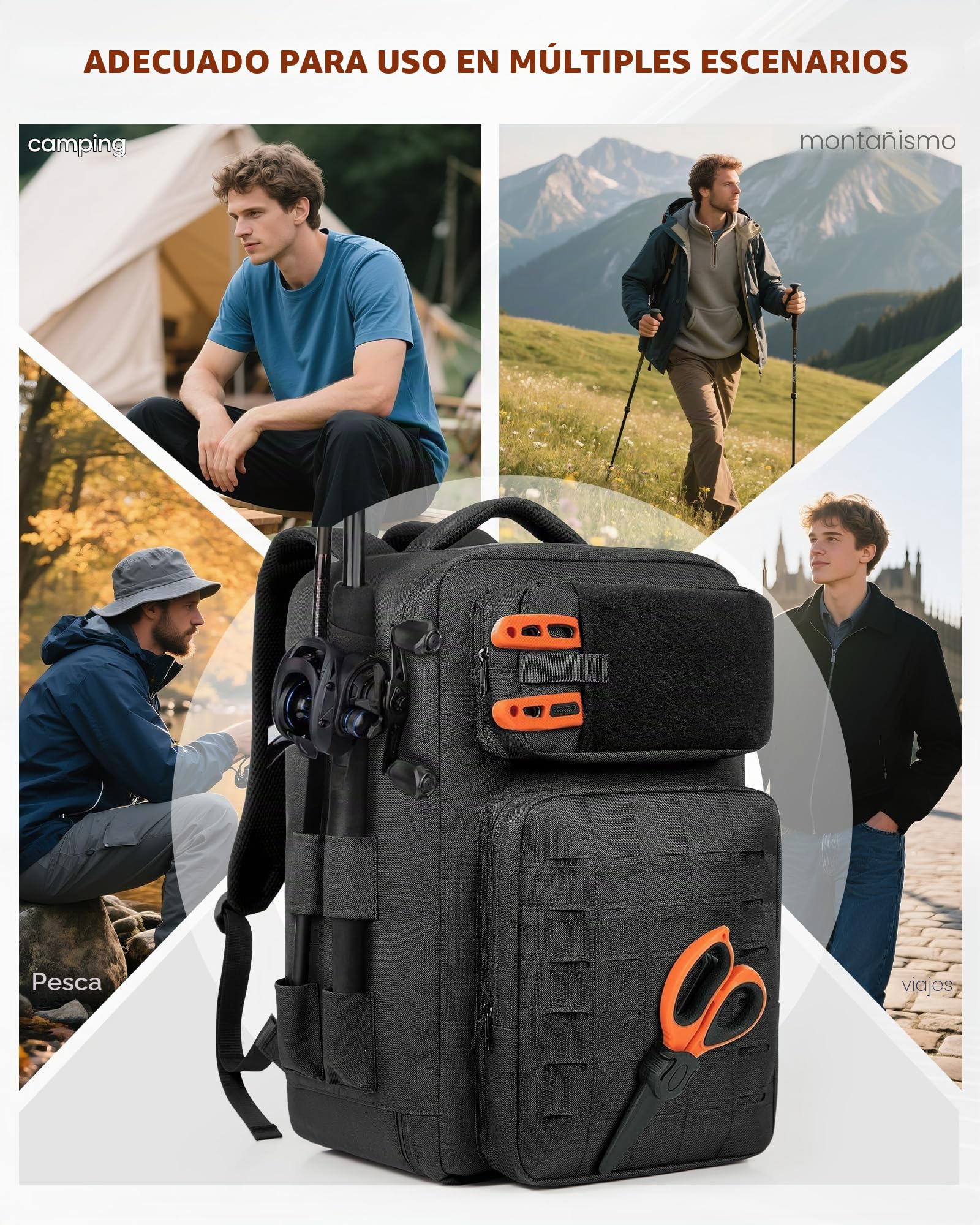 WEFLIER Mochilas de Pesca, Bolsos de Equipos de Con Accesorios de Pesca Con Palos de, Bolsos de Viaje Con Bolsas de Almacenamiento 48l, Caza de Campamento, Camping, Trekking, Negro