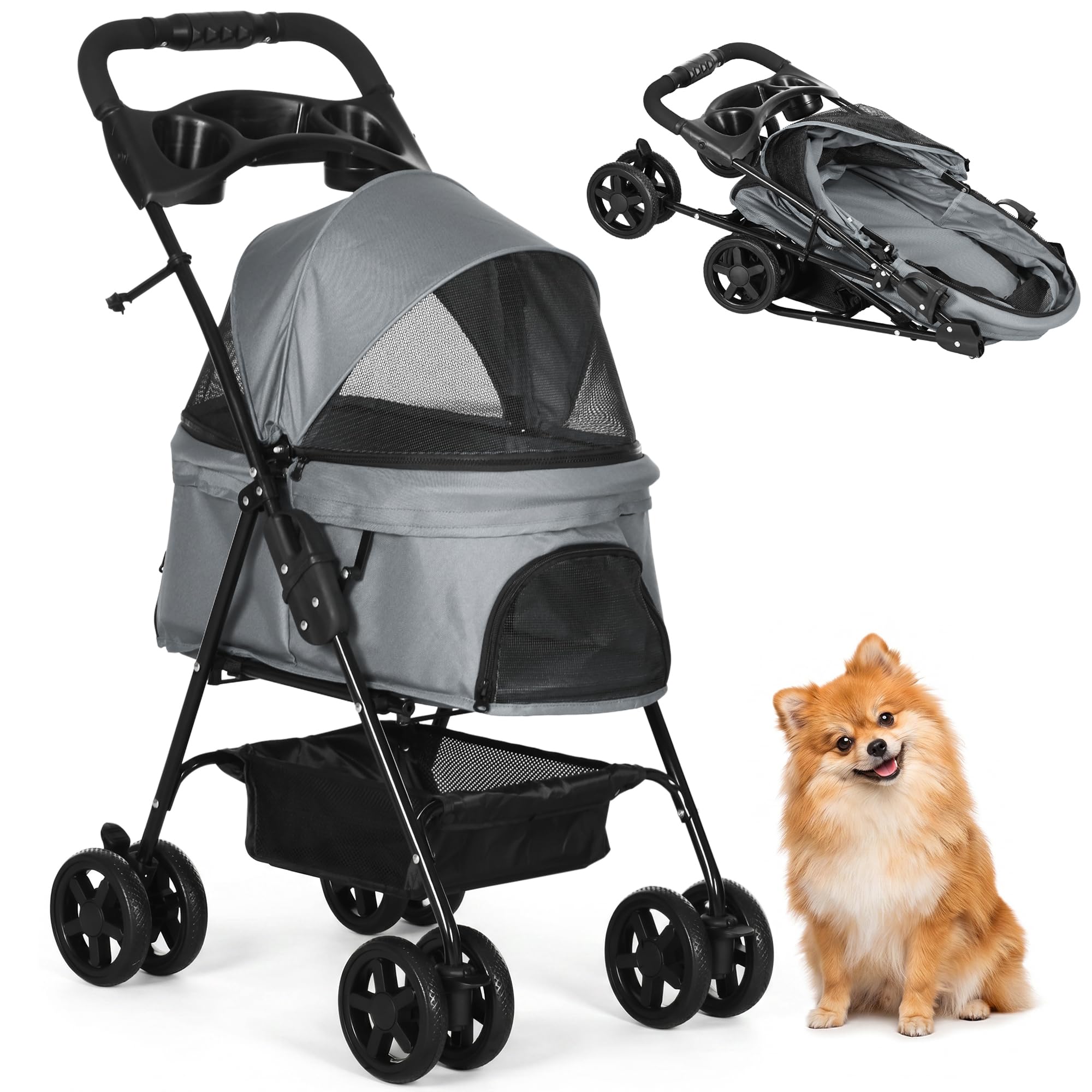 PawHut Passeggino per Cani Piccoli Pieghevole, Passeggino Leggero per Animali con Ruote Girevoli, Guinzaglio di Sicurezza e Cestino Portaoggetti, 67x45x96cm, Grigio