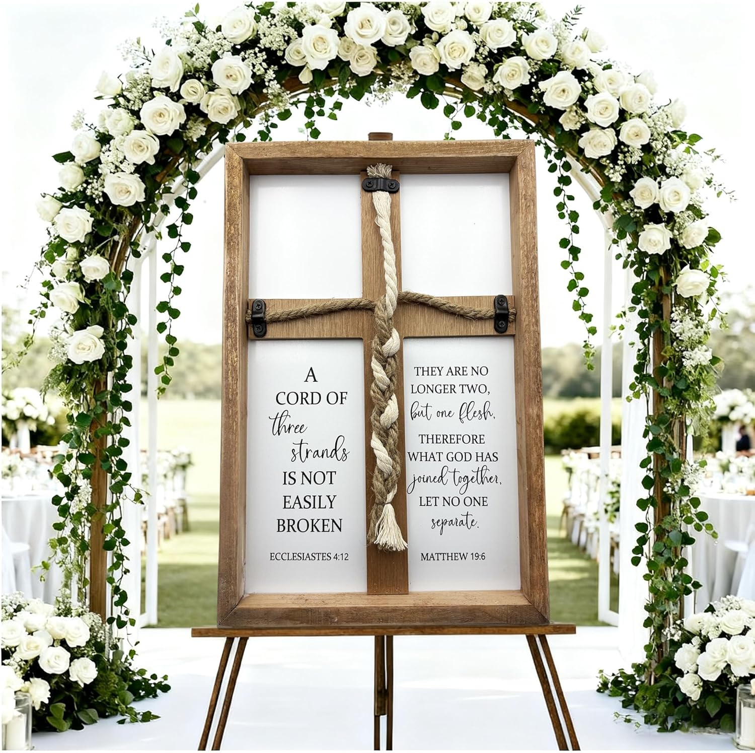 A Cord of Three Strands Wedding Sign Tie God's Knot Three Strands Braid Wall Decor Cross to Braid for Wedding Ceremony Ideas Gift for Couple Christians Symbolic of Unity 15"X10"(Brown)