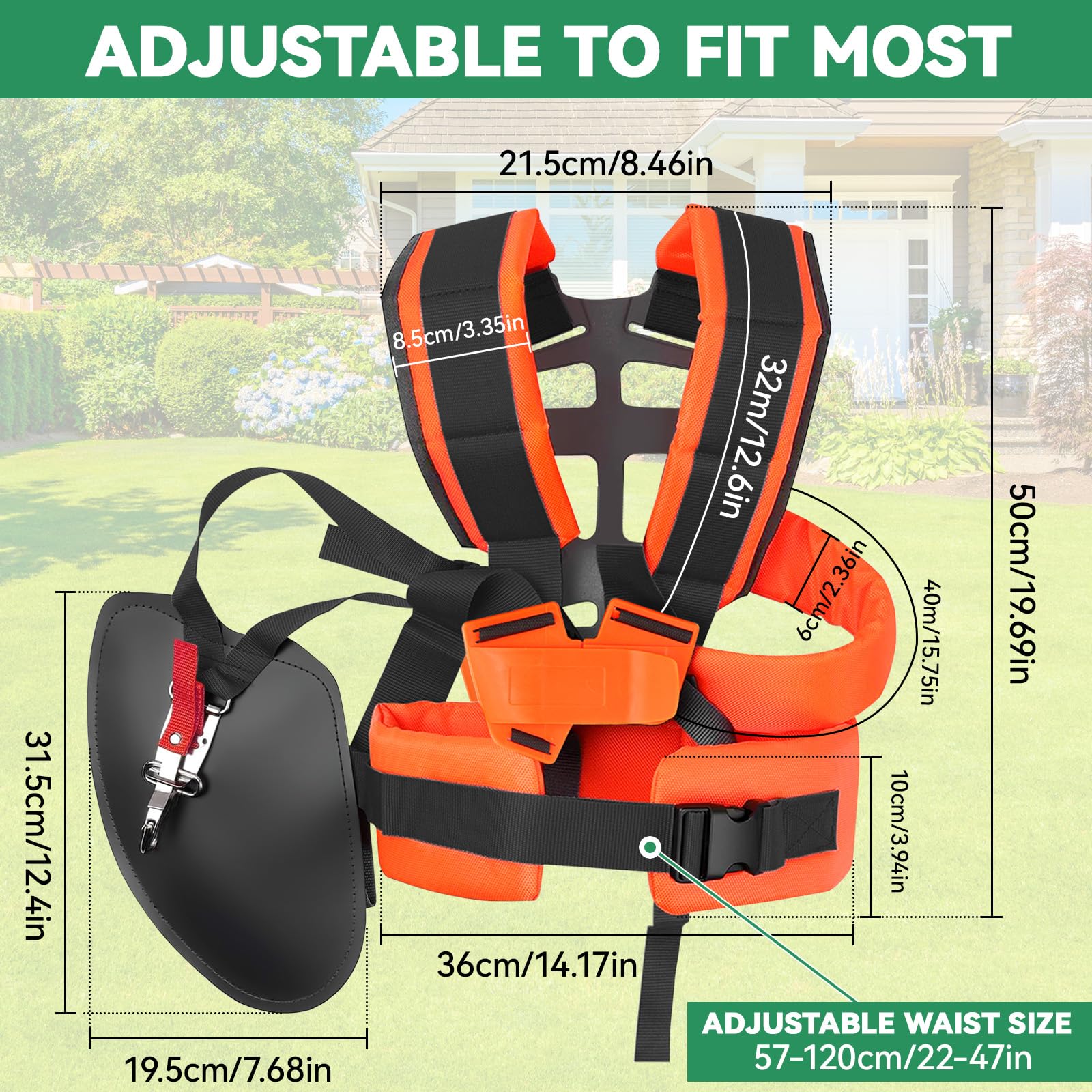 Harnais Double pour Débroussailleuse, Lanière de Support Réglable Universelle pour Coupe-bordures Taille-bordures, Bretelles Rembourrées en Nylon pour Travaux de Jardinage (Orange)