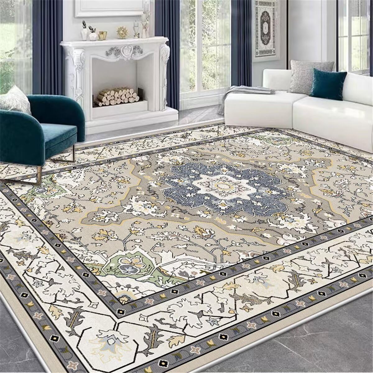 Tapis rectangulaire gris jaune 80x120 cm rétro pour déco de chambre garçon et balcon