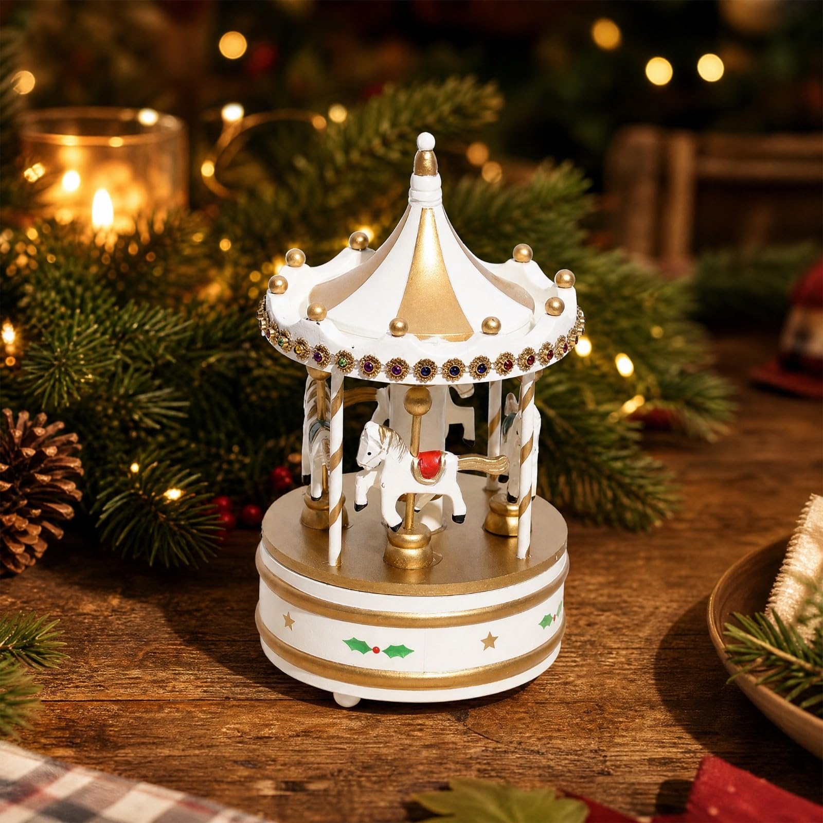 Milageto Caja Música Carrusel Navideño Decorativo Carrusel Musical Madera Tradicional Caja Música con para Exposición Navideña, Escritorio, Oro