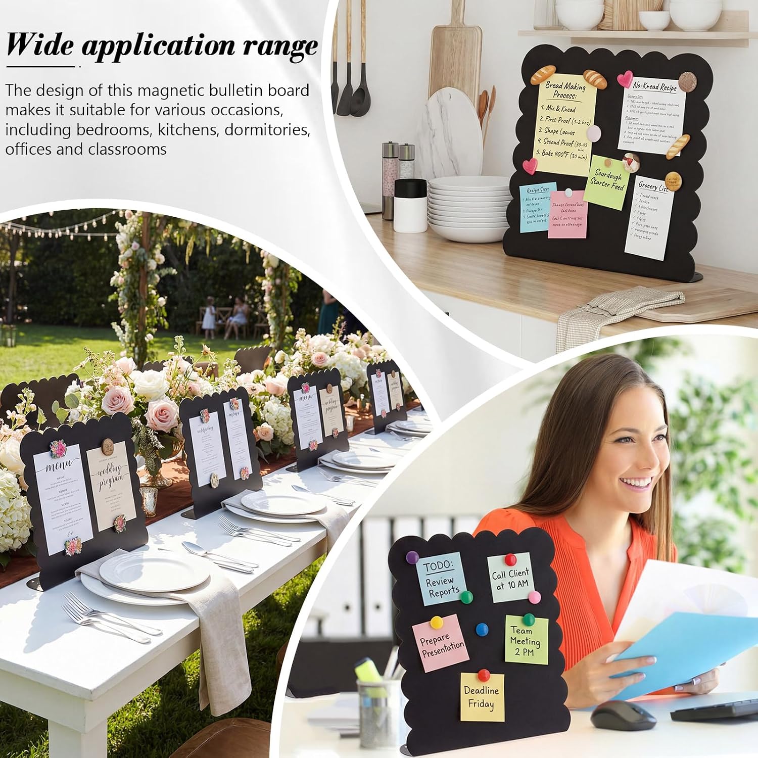 LEIFIDE 2 Pcs Black Magnet Boards Magnetic Bulletin Board Announcement Wave-Shaped Magnetic Display Board Stand Metal Desktop Memo for Menus Dining Table Home School Kitchen Office (12.6 x 11 Inch)