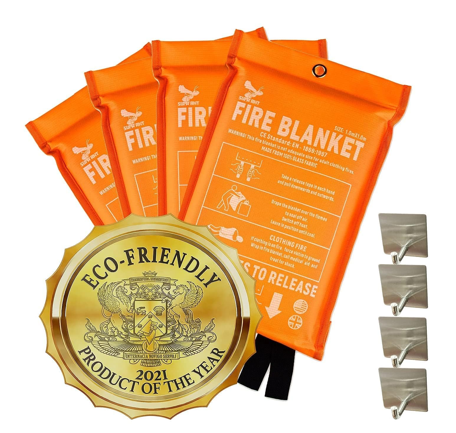 Supa Ant Emergency Fire Blanket for Home and Kitchen – 4 Pack 1500F High Visibility (Glow in The Dark) Smother Kitchen Fire Blanket – CE Certified Hero Fire Blankets Emergency for Home (40in)