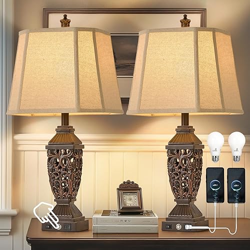 Miniatura 17 de Juego de 2 lámparas de mesa tradicionales táctiles de 29.5 pulgadas de alto, lámparas de mesita de noche vintage con doble USB y luz nocturna, 3
