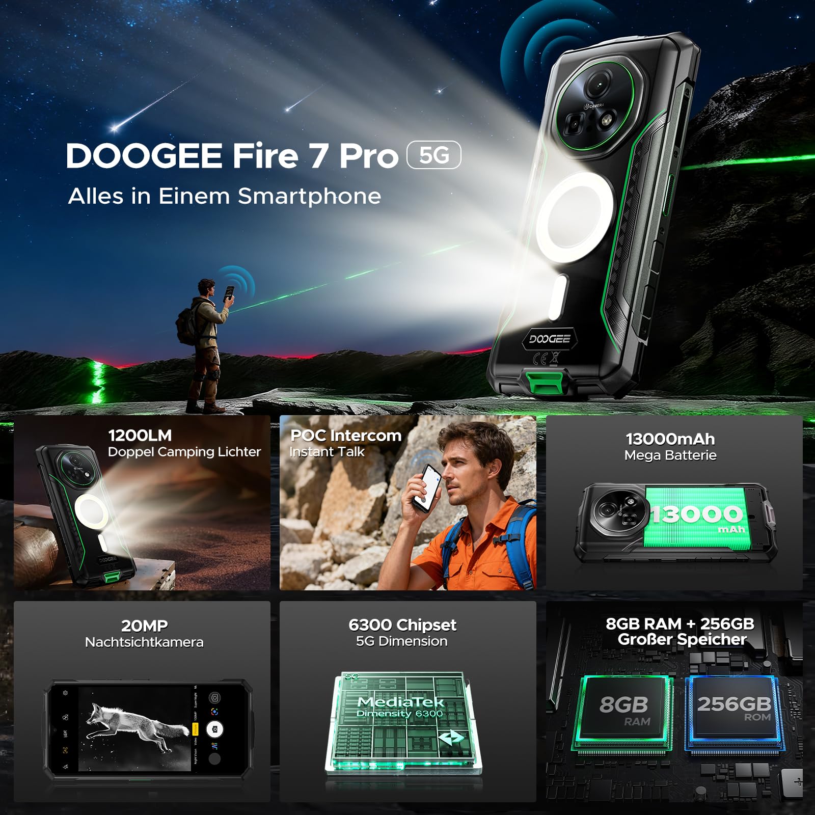 Fire 7 Pro Outdoor Mobile Phone Without Contract 1200LM Dual Camping Lamp AI 5G, Walkie Talkie, 13000mAh, Outdoor Smartphone 32GB+256GB, 6.6 Inch 64MP 3 Card Slot/Face ID/OTG/NFC