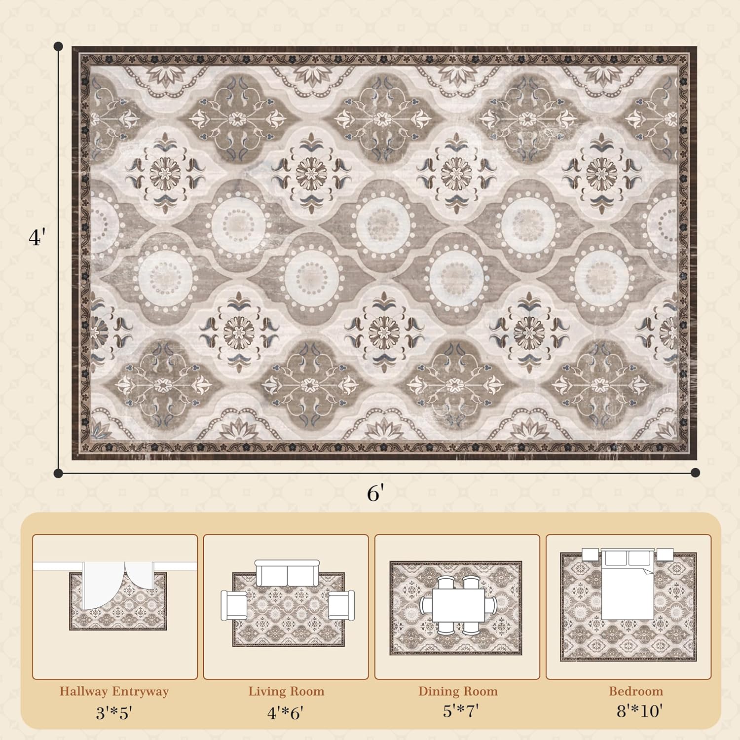 EnHomee Washable Area Rugs 4x6, Soft Area Rug for Living Room Bedroom, Boho Non Slip Low Pile Stain Resistant Washable Rug Large Carpet for Dining Room,Easy to Clean Living Room Rug, Khaki