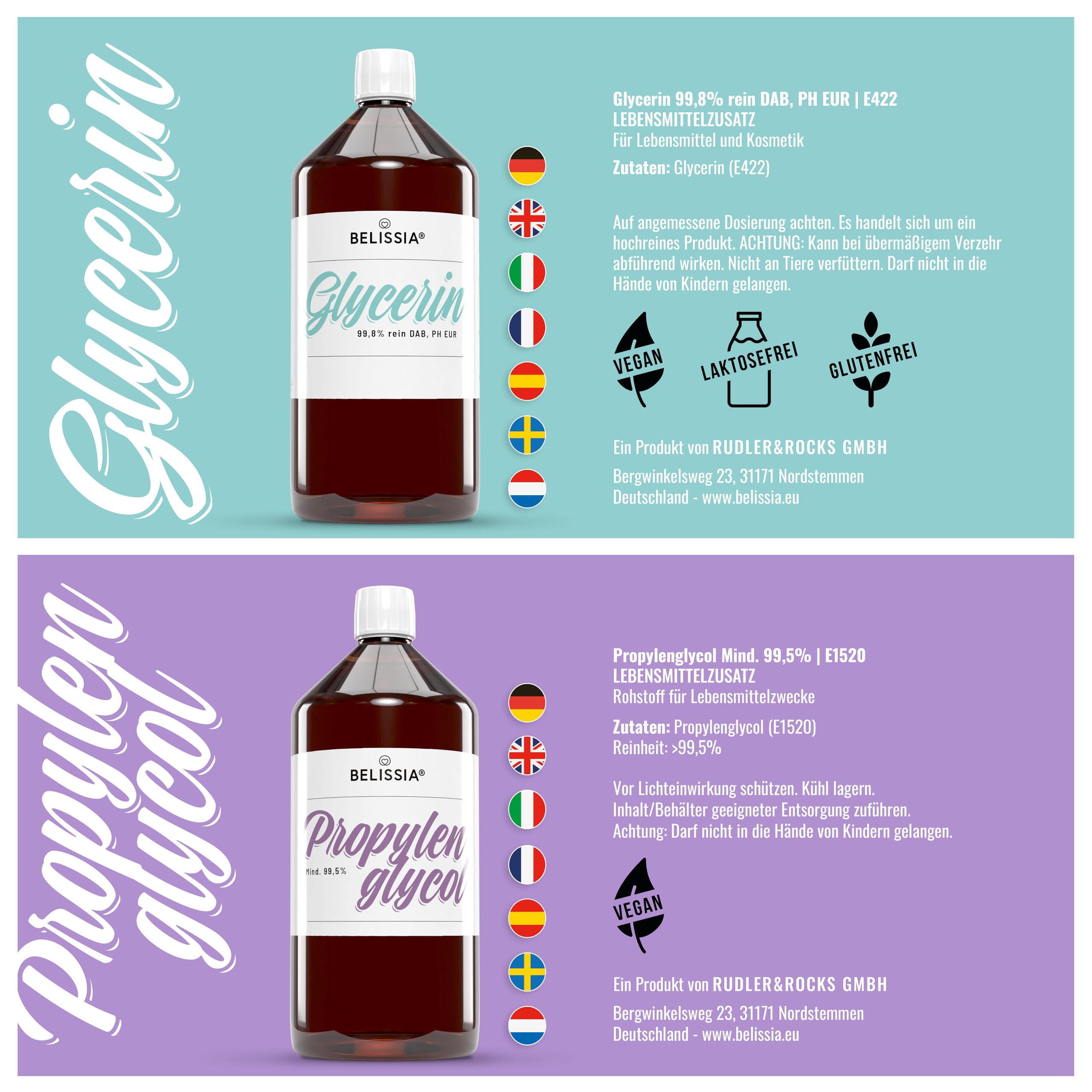 Belissia Glycerin (VG 99,8%) 1000ml E422 + & Propylenglykol (PG 99,5%) 1000ml E1520 | Laborqualität, Kosmetik, Pharma, Lebensmittel, Vegan
