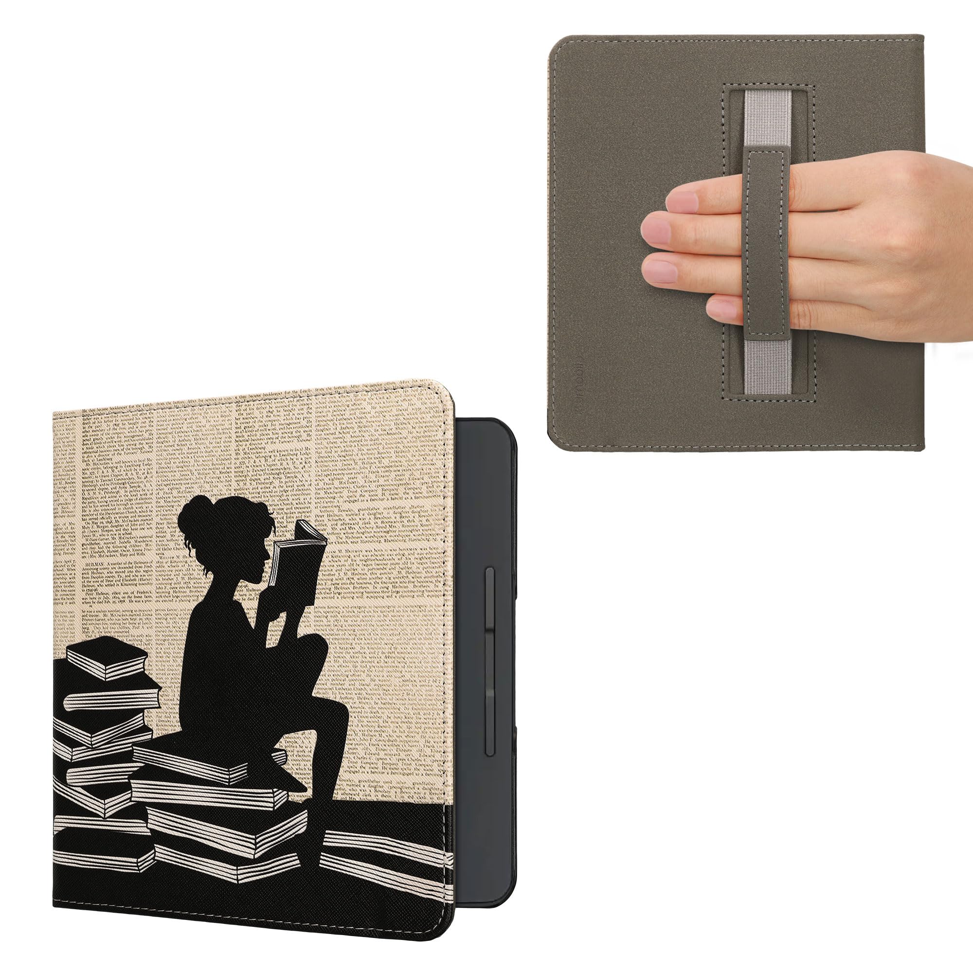 kwmobile Étui Compatible avec Kobo Forma Coque - Étui à Rabat magnétique Tablette eReader Similicuir avec Sangle - Noir-Beige