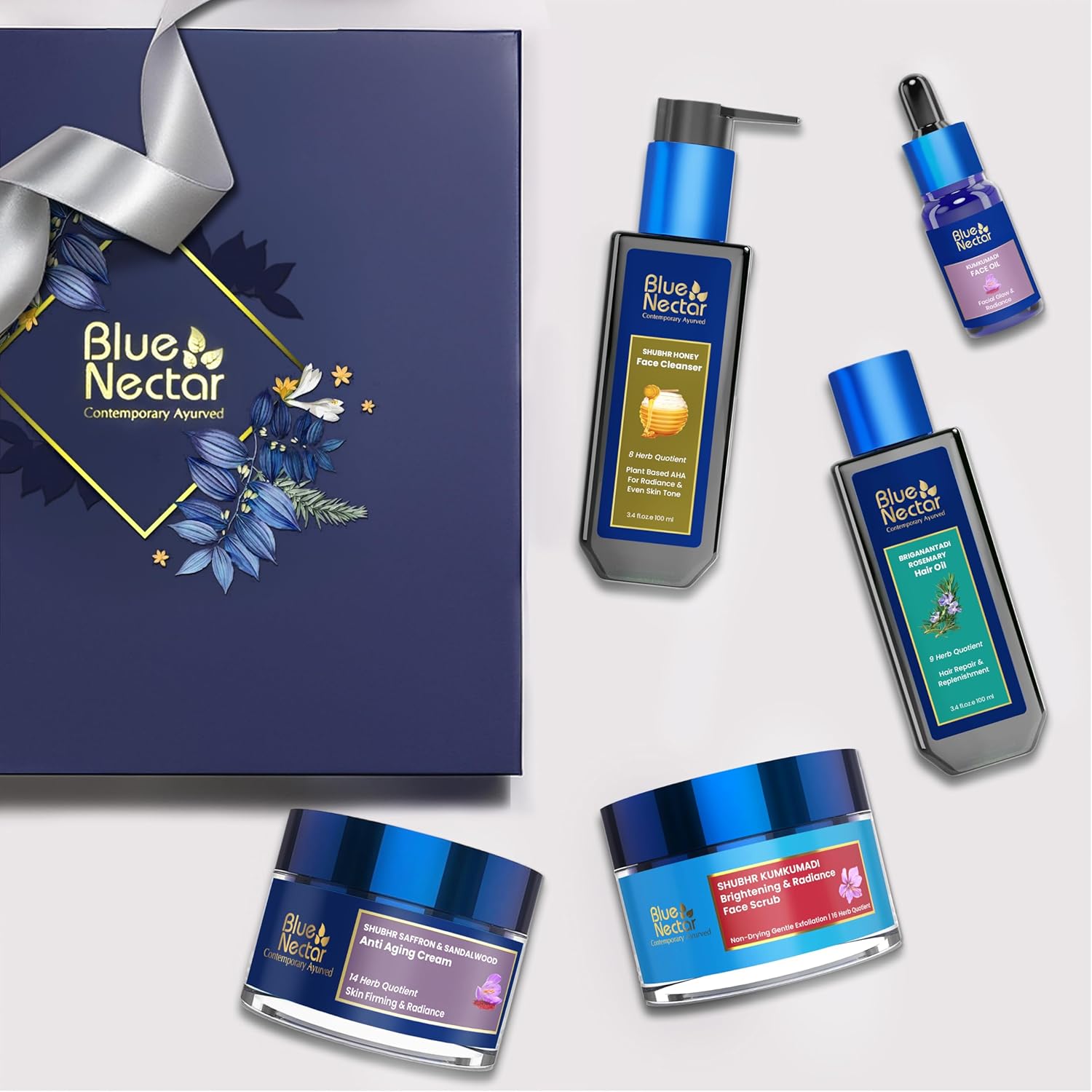 Blue Nectar Bestsellers Gift Set for Women & Men | Kumkumadi Face Serum, Anti Aging Cream, Hair Oil, Face Wash & Scrub | Gift Box for Birthday, Anniversary & Special Occasions | For All Skin Types
