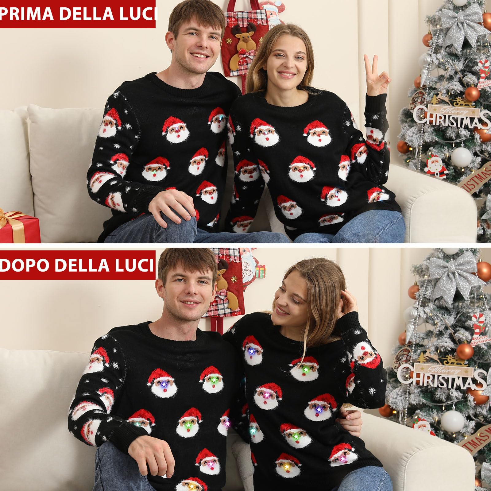 Maglione Natalizio con Luci LED, Maglioni Natalizi Famiglia Set, Brutti Maglione Natalizio Uomo Donna Ugly Christmas Sweater, Manica Lunga Maglia Natale Maglione di Natale per Coppia