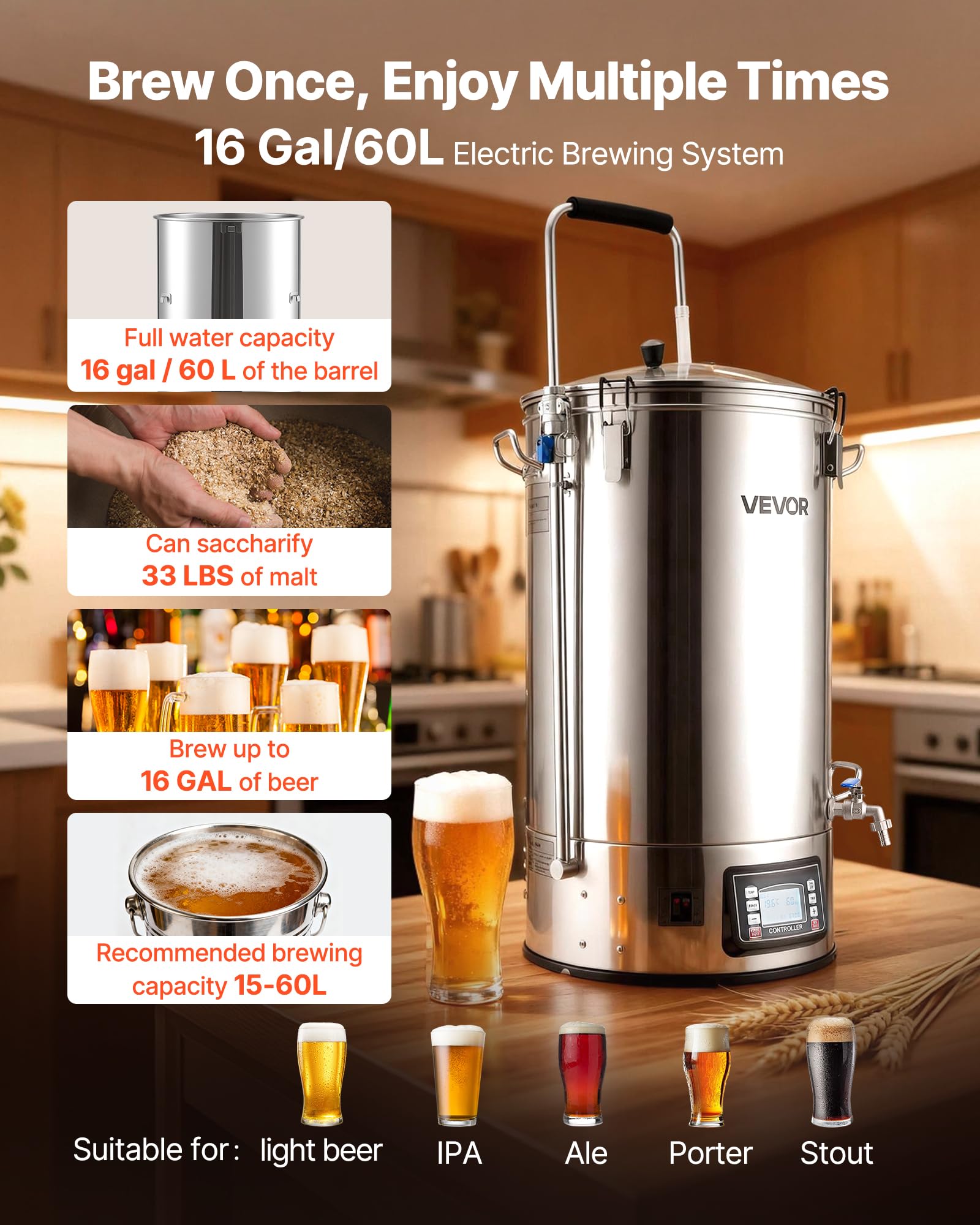 VEVOR Sistema per Produzione di Birra, Bollitore da 60 Litri per Uso Domestico, Pentola Elettrico per Produzione di Birra modalità Automatica/Manuale, Pannello di Controllo Tubo di Circolazione