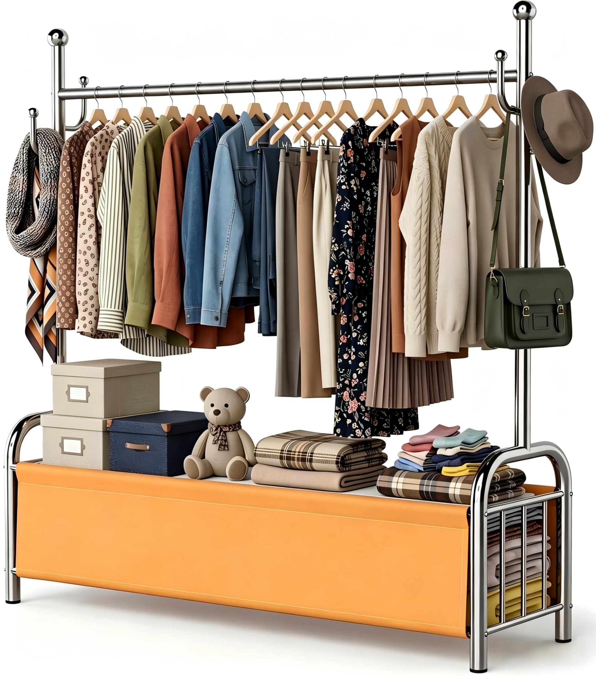 HOMICKER Appendiabiti da Terra in Acciaio Inox, Stand Appendiabiti con Cestino Portaoggetti in Pelle, 115 kg, Porta Abiti Stabile, Attaccapanni, Porta Vestiti da Camera, Organizzazione Casa - 2