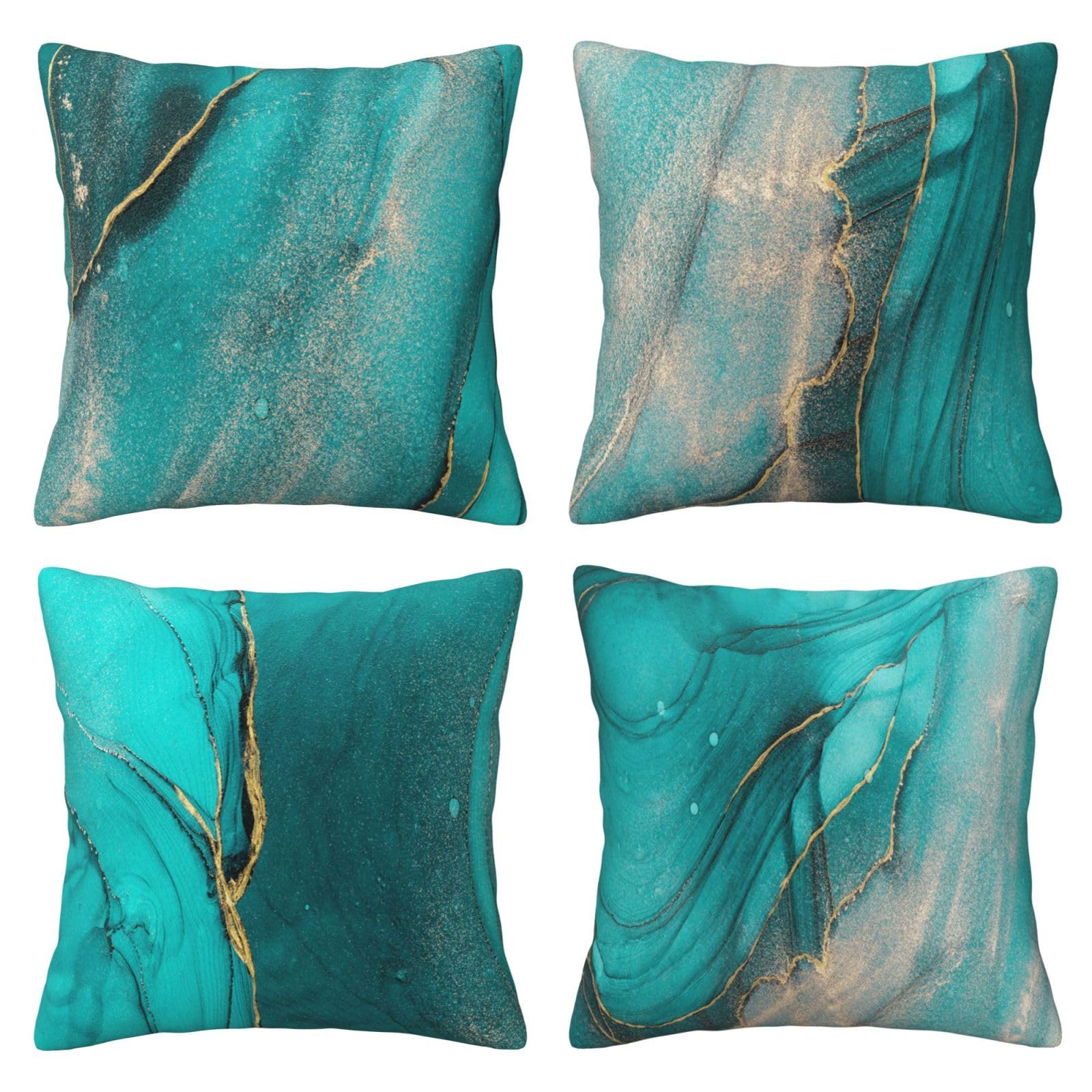 DILOXNSU Set of 4 Turquoise Gold Cushion Covers, 40 x 40 cm, Velvet Cushion Covers, Marble Ink, Abstract Art Decorative Cushion, Sofa Cushion, Modern Cushion Cover, Soft Decorative Cushion for Sofa