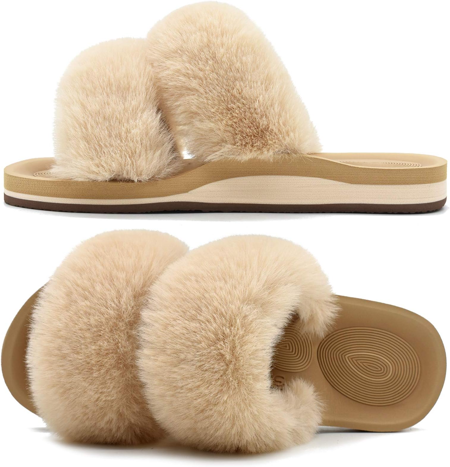 COFACE Fuzzy Slippers for Women Open Toe Orthopedic Slippers Arch Support Fax Fur Slides Plantar Fasciitis Woman House Slippers Indoor