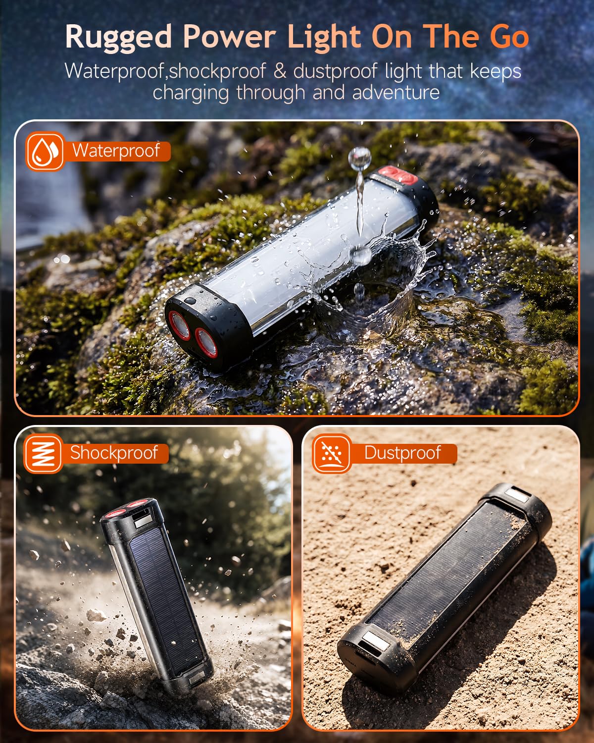 Linterna solar de camping de 1800 lm y luz magnética para tienda de campaña con 6000 mAh, tiempo de funcionamiento de 60 horas, linterna de 13 modos, equipo de supervivencia de emergencia impermeable