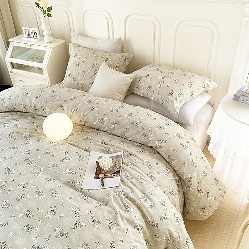 Miniatura 9 de EAVD Juego de edredón floral bohemio, tamaño Queen, suave microfibra lavada, juego de ropa de cama floral beige jardín, juego de edredón tamaño