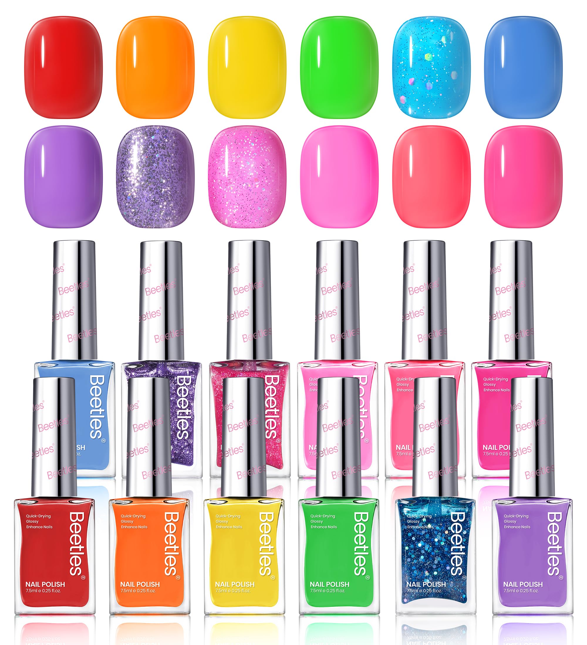 Beetles Glitter Neon Nail Polish Set - 12 Colors Hot Pink Blue Purple Rainbow Rright Glitter Nail Polish Set, Air Quick Dry DIY Fingernail Art Set Christmas Salon Home Gift
