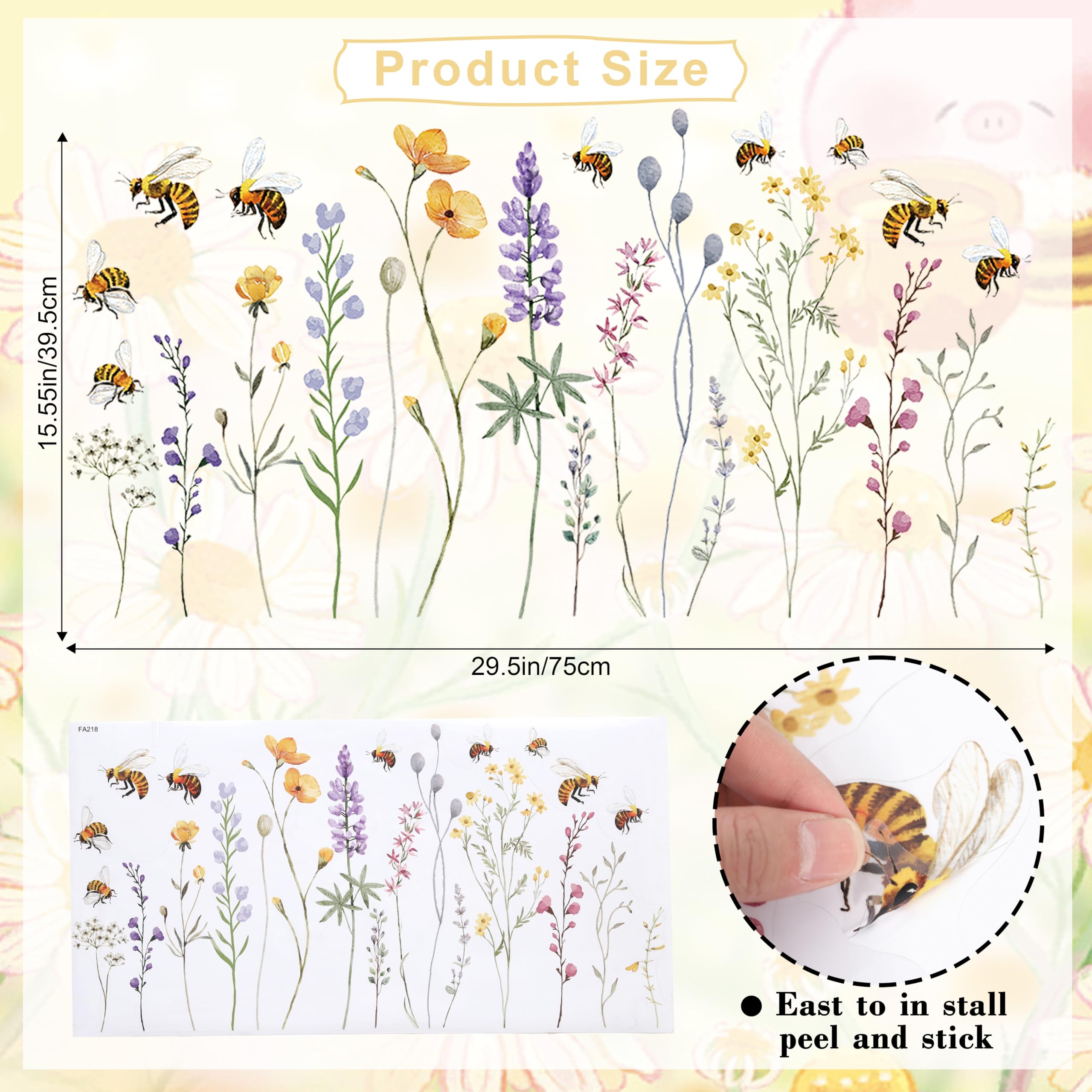 Wildflowers Bees Wall Decals - Living Room Nursery Decorations,Bohemian Flower Stickers,Colorful Flowers Wall Art Photo Prop,Spring Floral Bee Party Decal