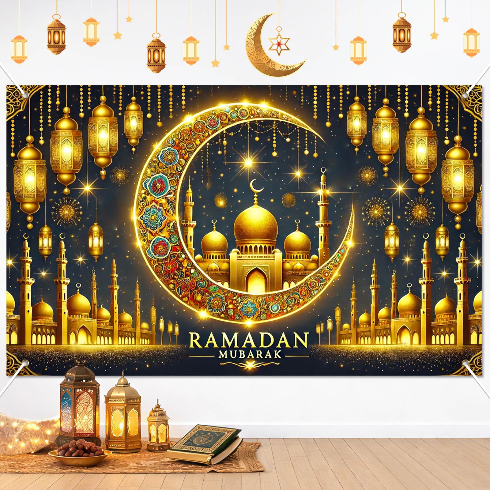 Ghirlanda Decorativa Ramadan Mubarak 8 Pezzi: Banner Oro Con Luna, Stella E Lanterna Per Festa Eid
