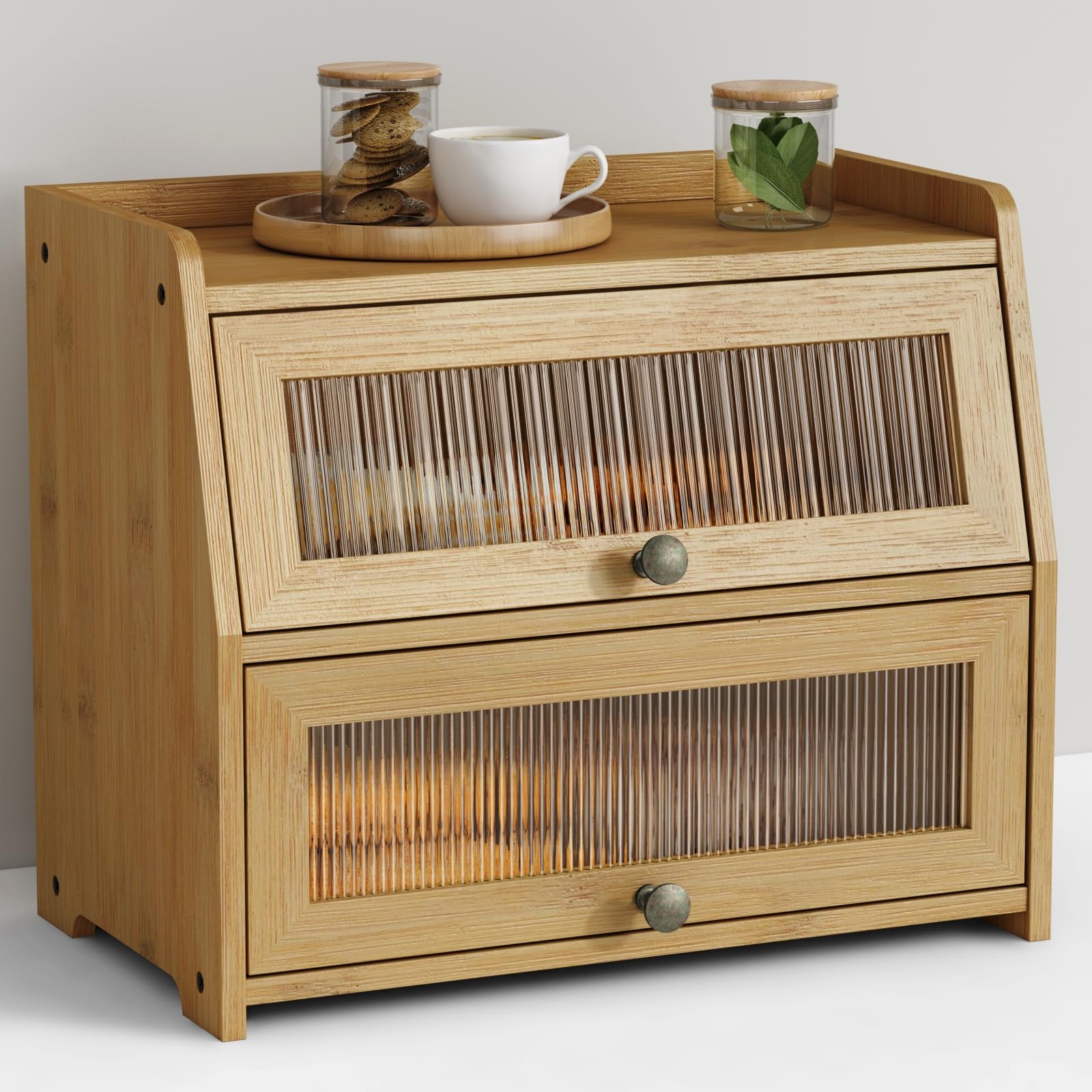GooziiLarge Bread Box for Kitchen Countertop, Double Layer Breadbox for Homemade Loaf Bread, Farmhouse Bread Storage Container Bin for Kitchen Counter Pantry Cupboard (Natural Bamboo)