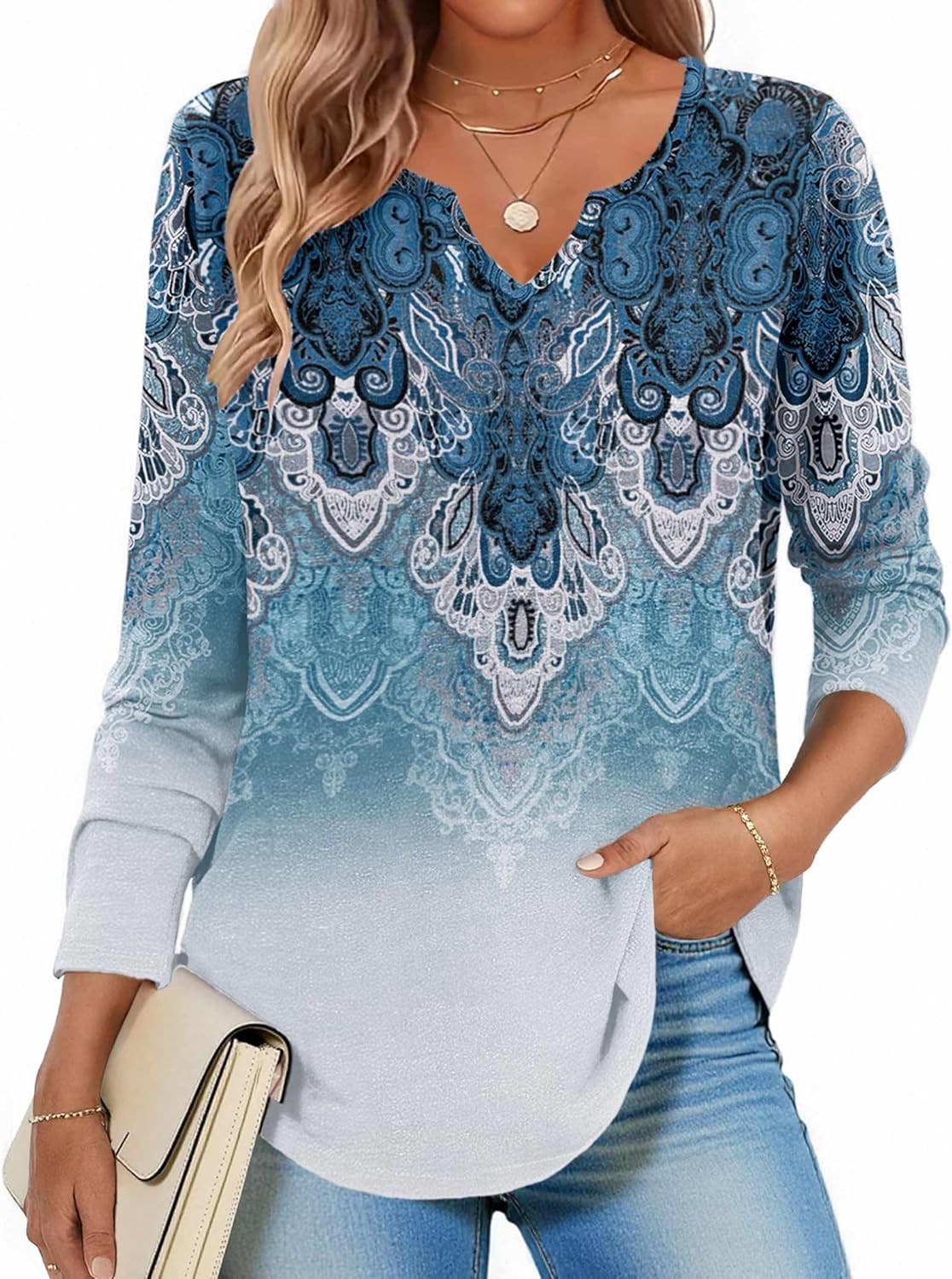 Zeagoo Long Sleeve Shirts for Women Fall V Neck Tops Casual Dressy Blouse Boho Tunic Business Work Clothes School Outfit