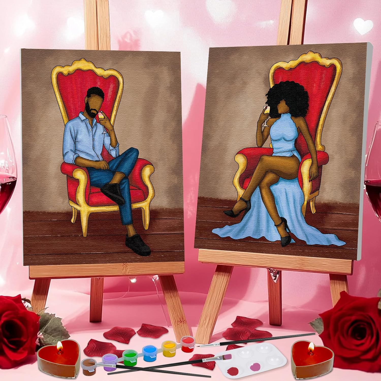 Nuberlic Date Night Painting Kit for Couples Sip and Paint Kit for Adults Couples Pre Drawn Canvas to Paint for Adults Afro King Queen Valentines Date Night Party 2 Pack 8" X 10"
