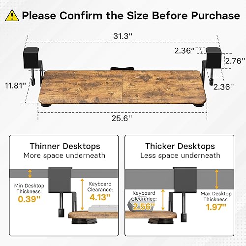 Miniatura 2 de BONTEC Bandeja para teclado debajo del escritorio, bandeja extraíble para teclado y mouse con abrazadera en C, 25.6 pulgadas (30 pulgadas incluyendo