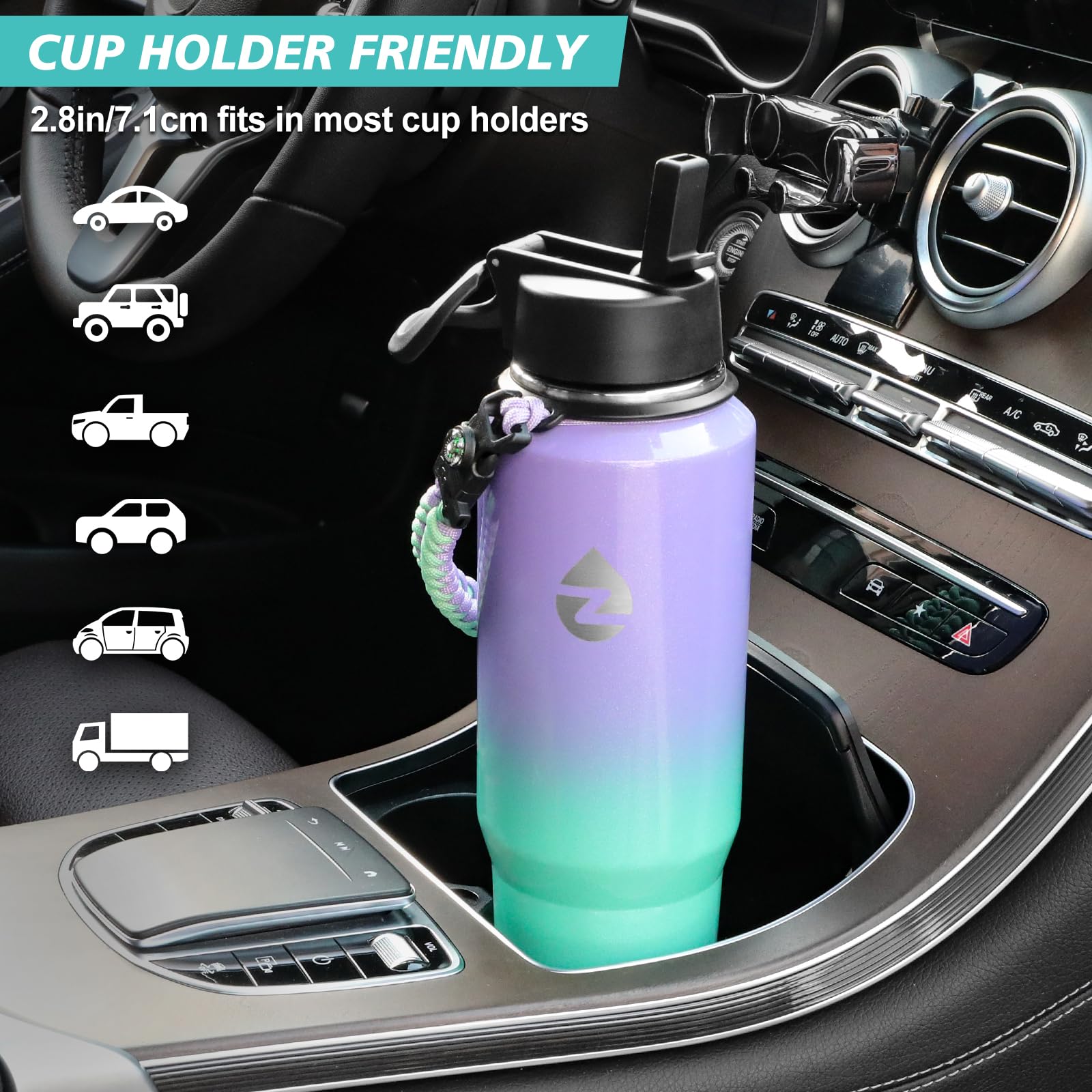 ZAKVOP Bouteille Isotherme 2L – Avec 3 Couvercles, Paille, Poignée Paracorde, Boussole, Sans BPA