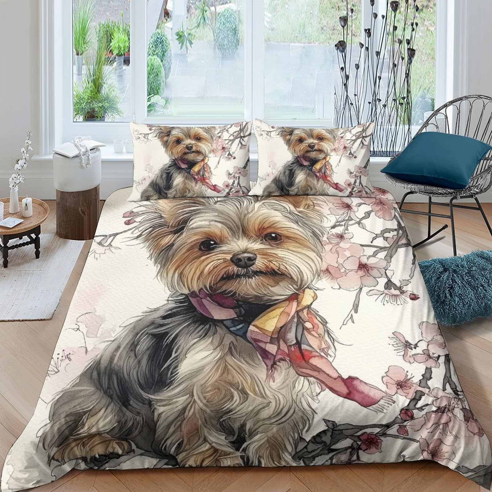 GPLZQXKJNH 3D Printed Yorkshire Terrier Duvet Cover Microfiber Soft Floral Bedding Set with 2 Pillowcases for Bedroom Decor Single（135x200cm）