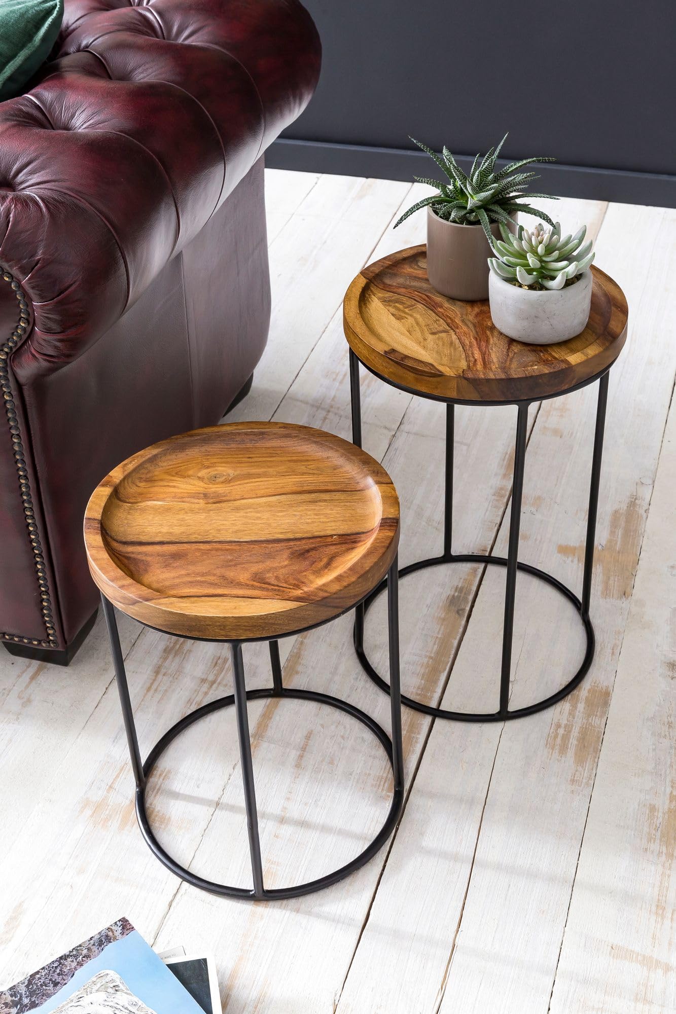 FineBuy Koffietafel Massief Sheesham-Hout en Metaal 75 x 39 x 75 cm Salontafel Bruin en Zwart | Ronde Tafel Woonkamer Moderne | Houten Tafel Bijzettafel